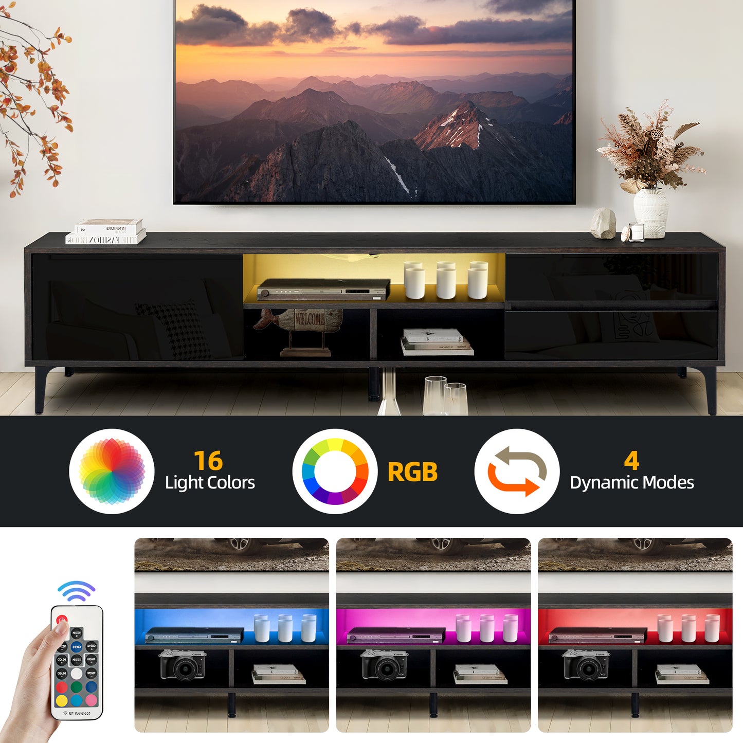 PORKISS TV Stand for TVs up to 70", Entertainment Center with LED Light, TV Console Cabinet with Shelves, Black Brown