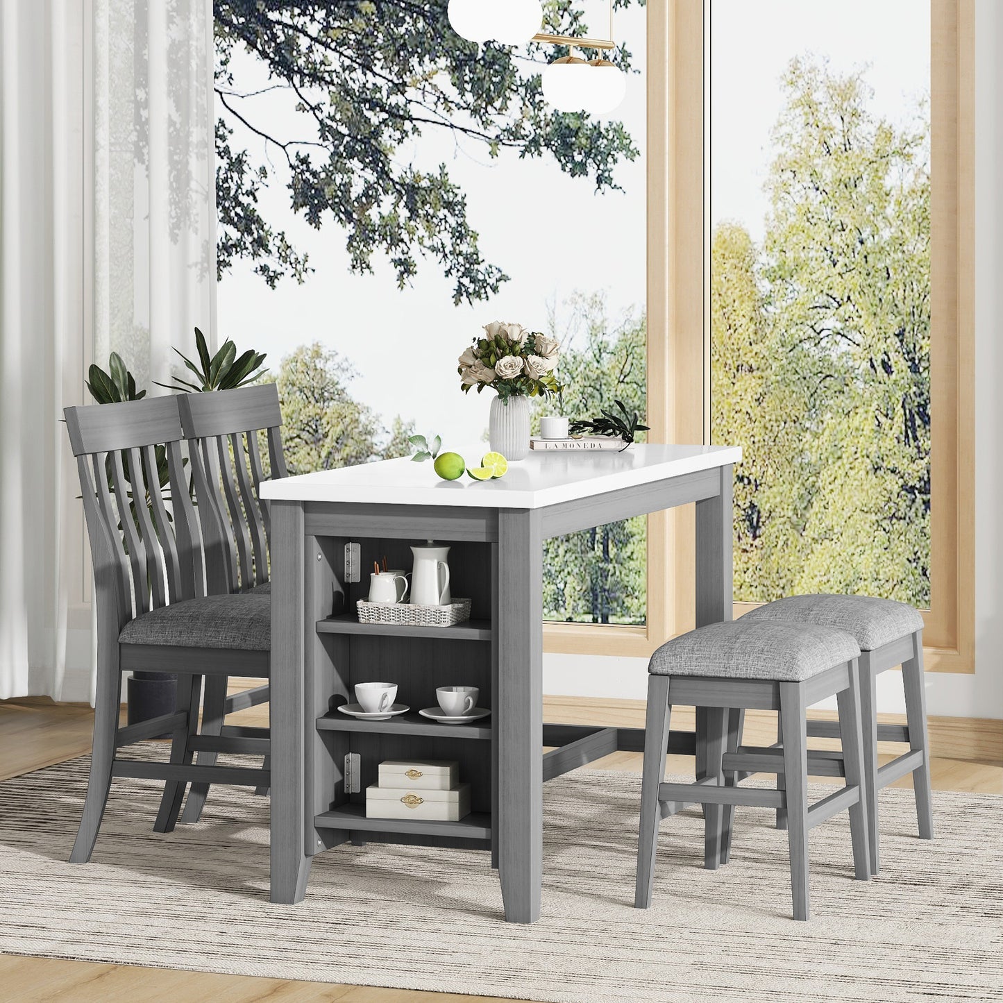 PORKISS Dining Table Set for 4, Dining Room Set with Faux Marble Kitchen Table Upholstered Chairs and Stools, Counter Height Dining Set with Storage Shelves, White & Grey