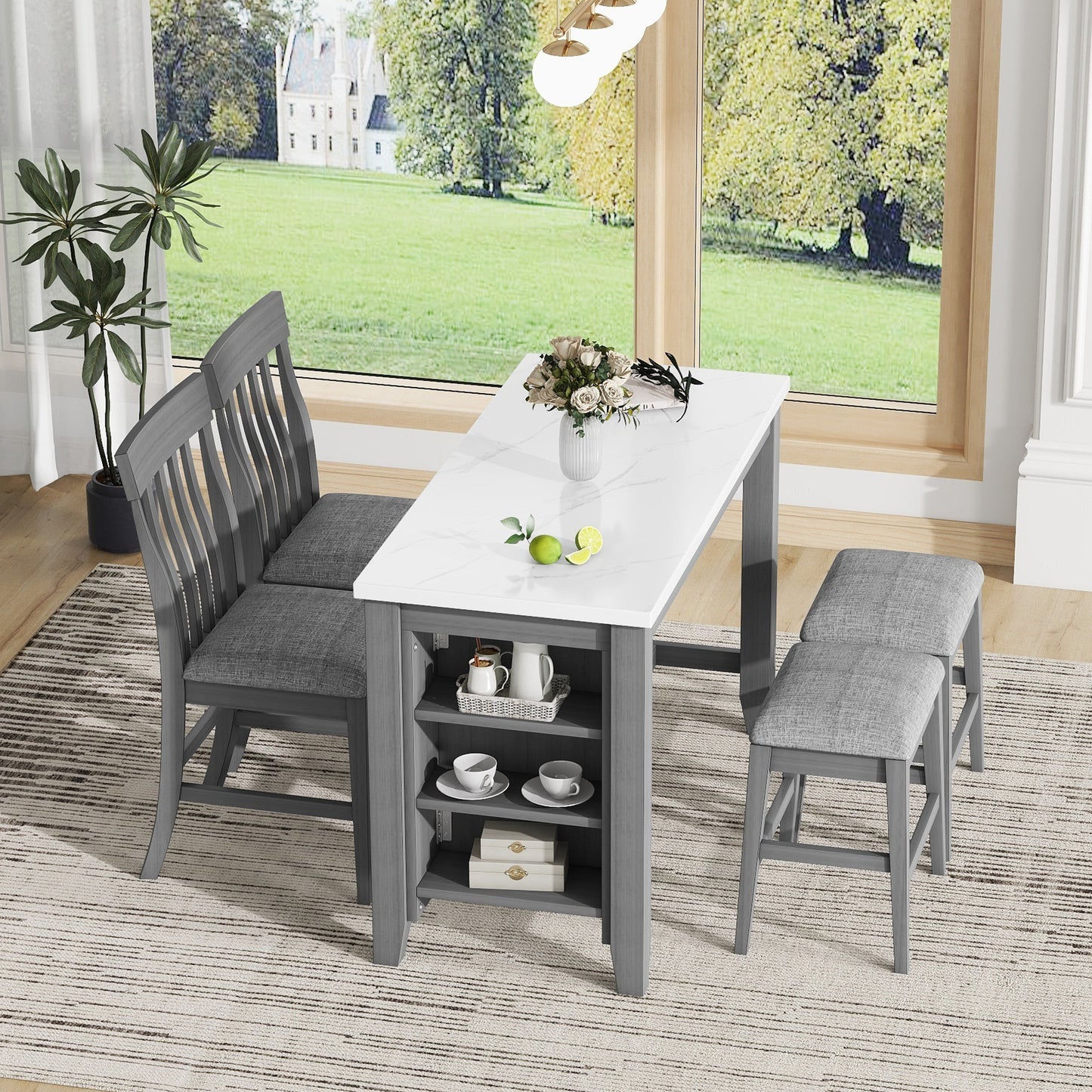 PORKISS Dining Table Set for 4, Dining Room Set with Faux Marble Kitchen Table Upholstered Chairs and Stools, Counter Height Dining Set with Storage Shelves, White & Grey