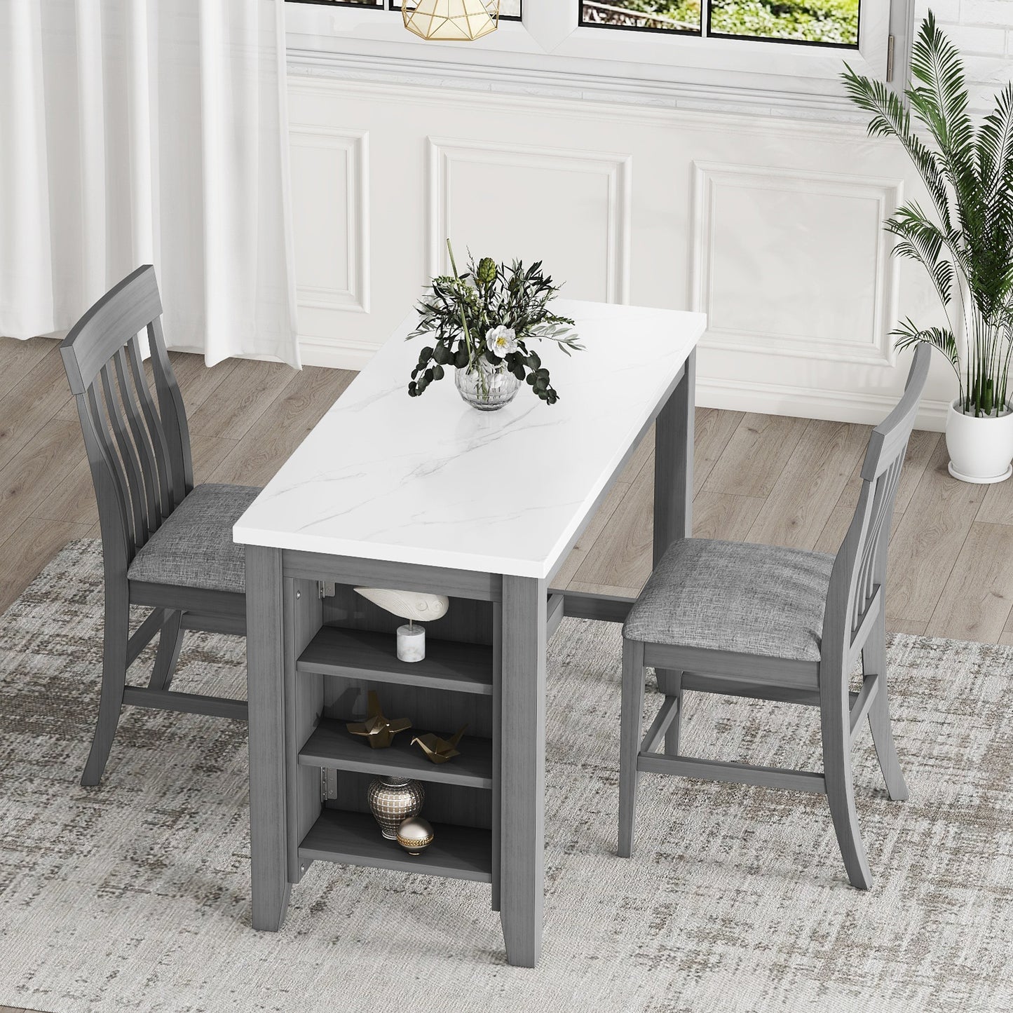 PORKISS Dining Table Set for 4, Dining Room Set with Faux Marble Kitchen Table Upholstered Chairs and Stools, Counter Height Dining Set with Storage Shelves, White & Grey