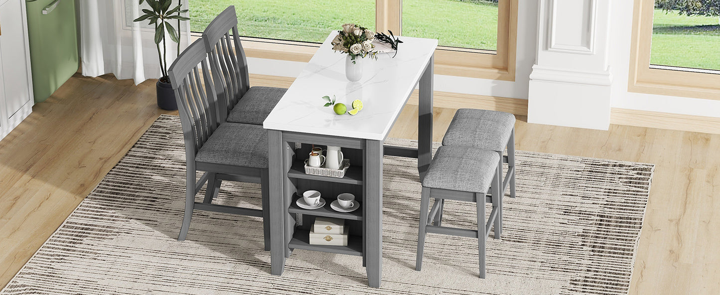 PORKISS Dining Table Set for 4, Dining Room Set with Faux Marble Kitchen Table Upholstered Chairs and Stools, Counter Height Dining Set with Storage Shelves, White & Grey