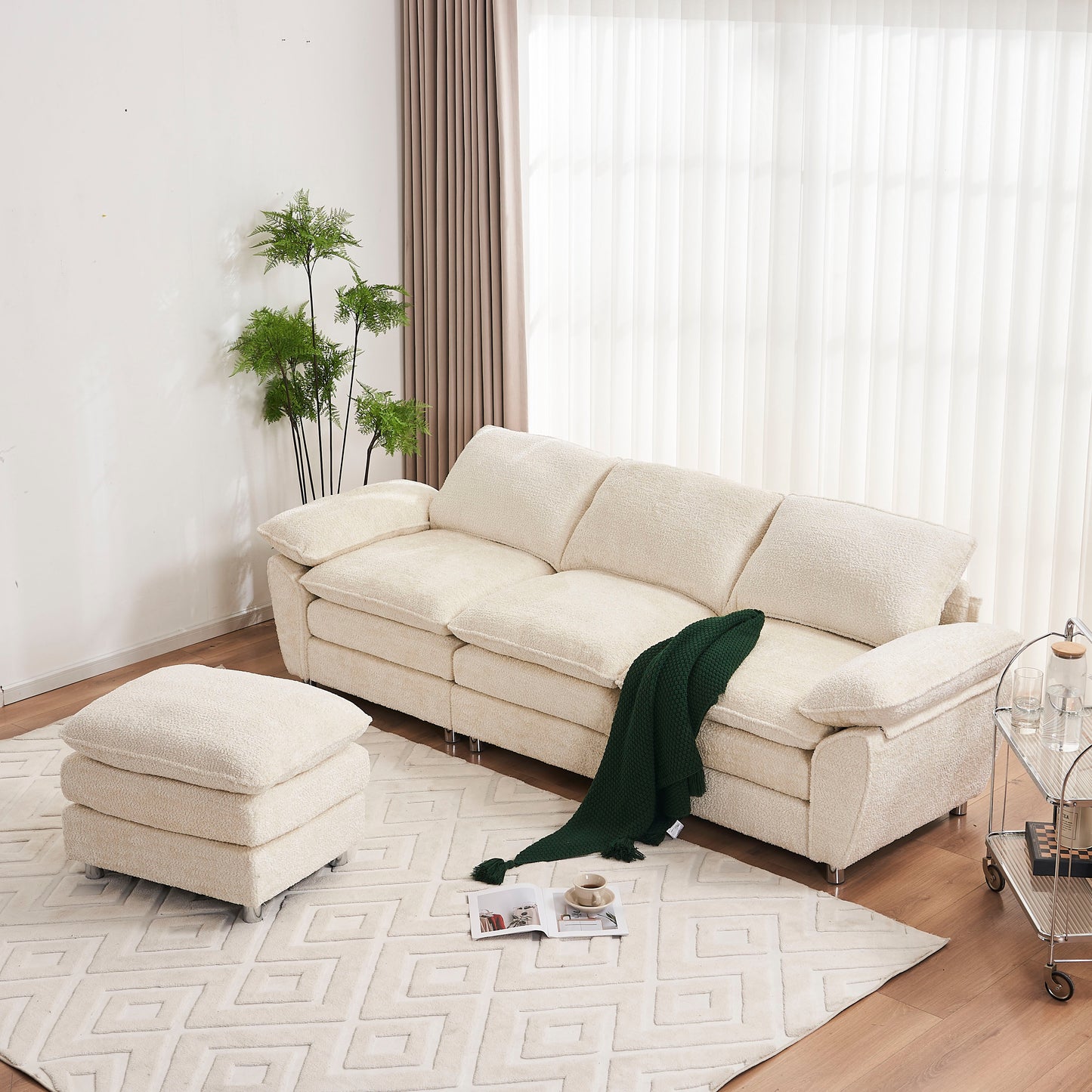 PORKISS Sectional Sofa Couch with Ottoman, 4 Seats L Shape Upholstered Sofas for Living Room, Apartment, Studio, Office, White