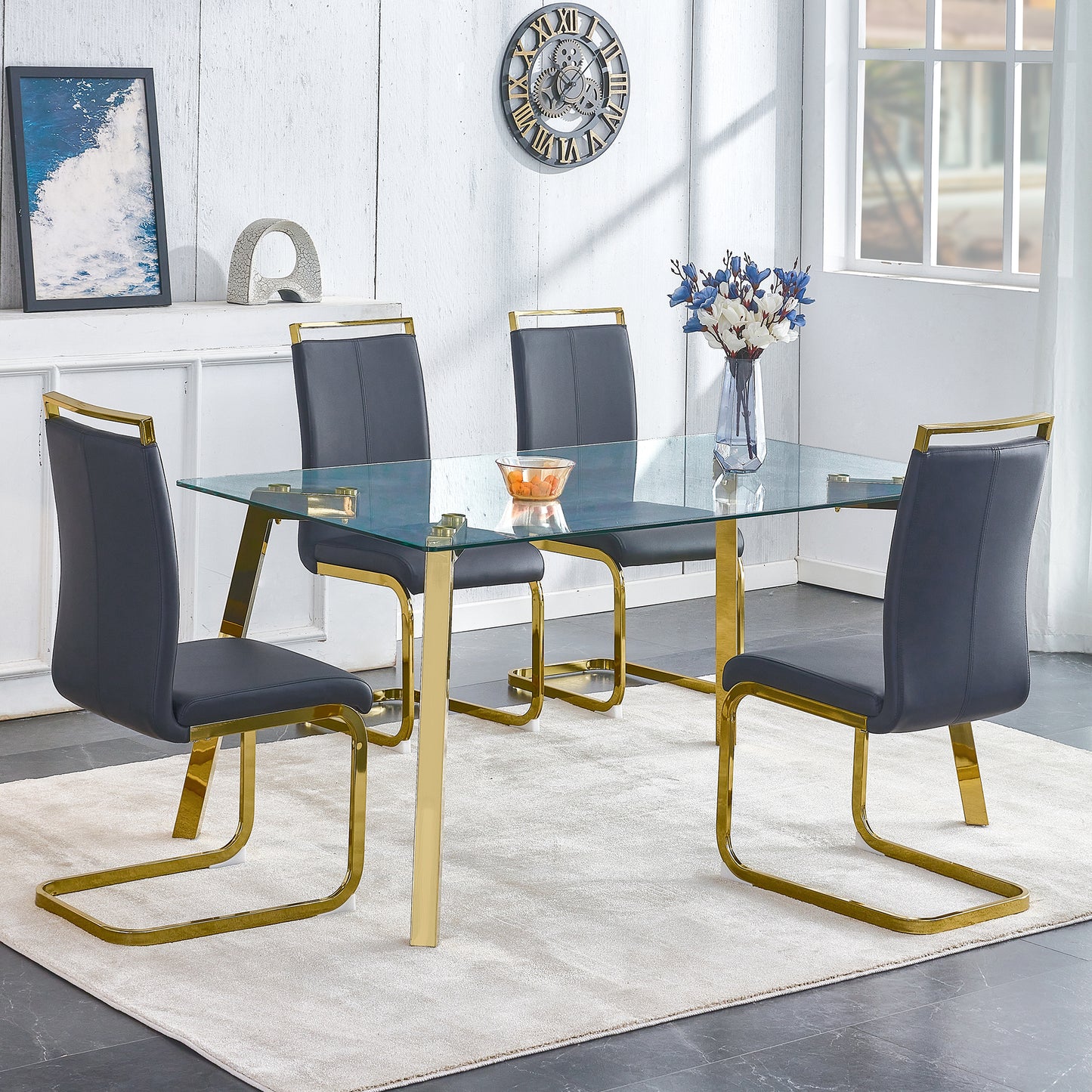 PORKISS Tempered Glass Dining Table with Metal Legs, Rectangle Glass Kitchen Table, 63 Inches, Gold