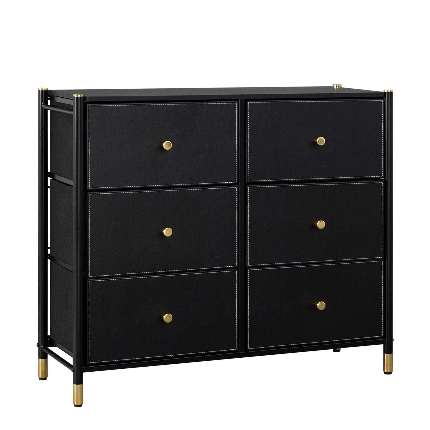 PORKISS 6 Drawer Dresser, Tall Double Dressers for Bedroom with PU Leather Covers and Metal Frame, Chest of Drawers for Closet, Living Room, Hallway, Black