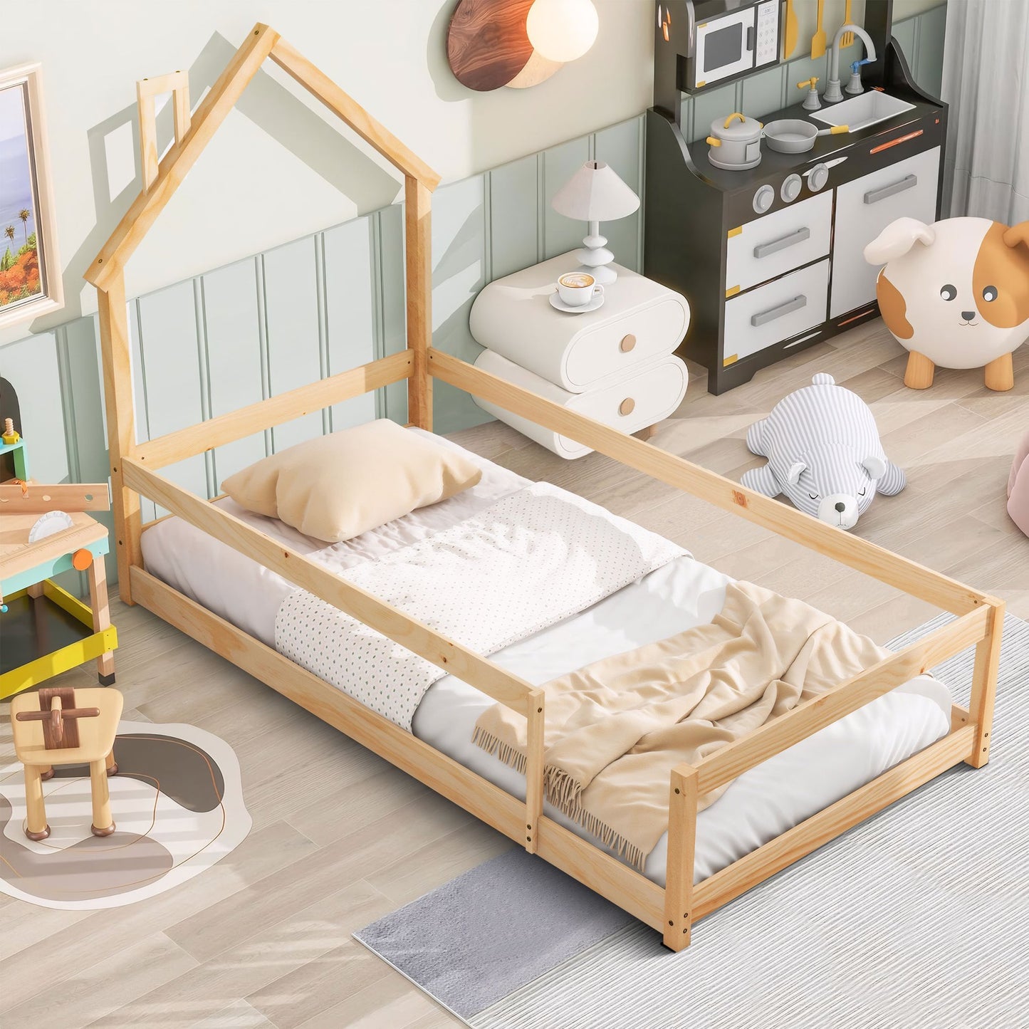 PORKISS Twin Bed Frame for Kids Boys Girls, Solid Wood Platform Bed with House-shaped Headboard, Floor Bed, Gray
