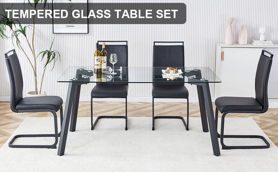 PORKISS Dining Table Set for 4, Dining Room Set with Tempered Glass Kitchen Table and 4 PU Upholstered Leather Chairs, Rectangular Black