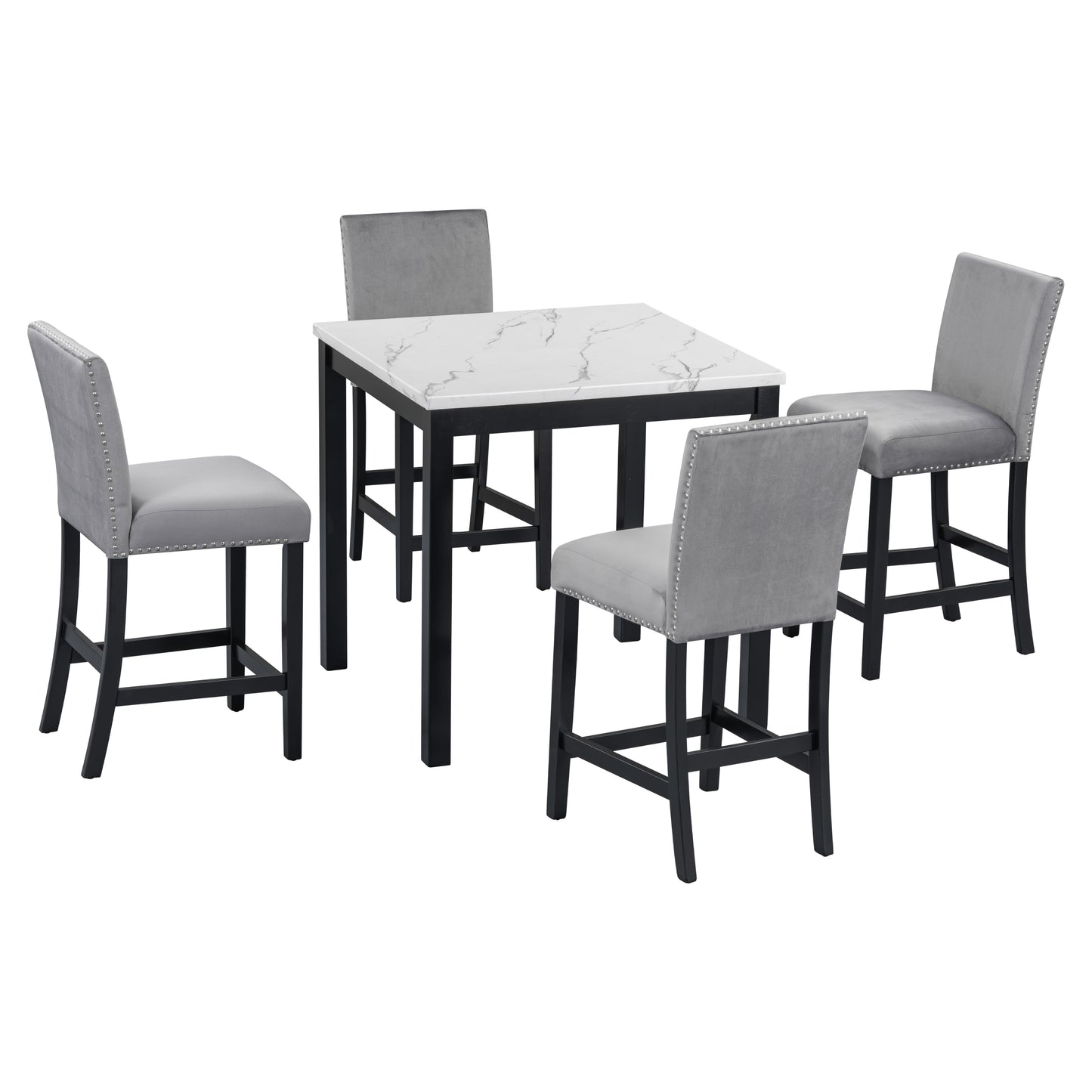 PORKISS Dining Table Set for 4, Dining Room Set with Faux Marble Kitchen Table and Velvet Upholstered Chairs, Counter Height Dining Set, White & Grey