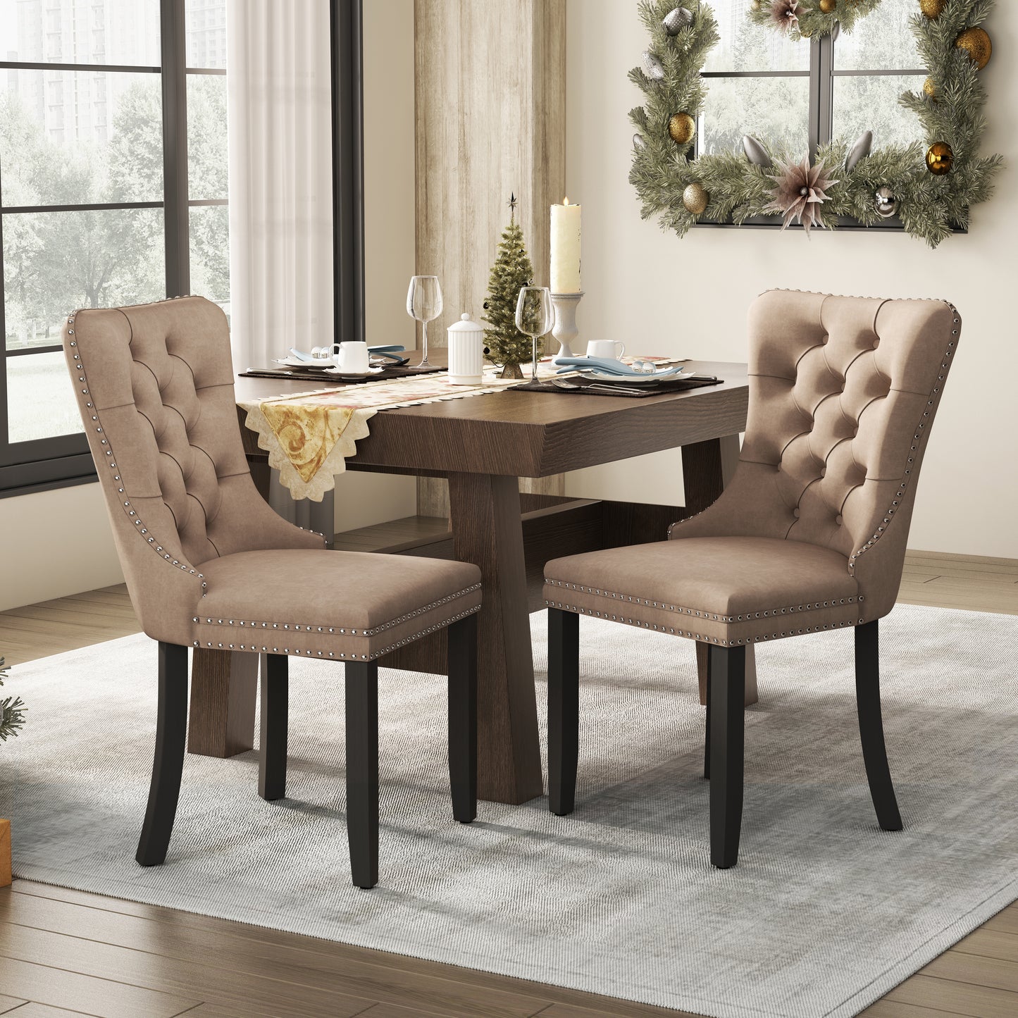 PORKISS Dining Chairs Set of 2, Upholstered High-End Tufted Dining Room Chair with Back Ring and Nailhead Trim, Modern Velvet Chairs with Solid Wood Legs for Kitchen