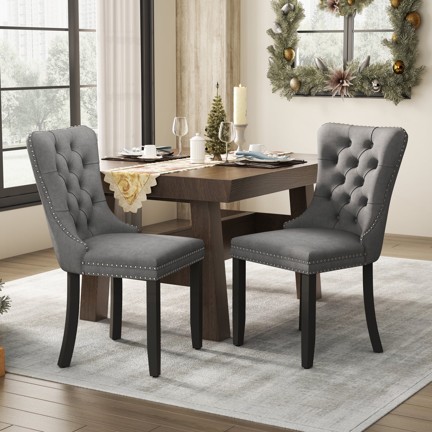 PORKISS Dining Chairs Set of 2, Upholstered High-End Tufted Dining Room Chair with Back Ring and Nailhead Trim, Modern Velvet Chairs with Solid Wood Legs for Kitchen
