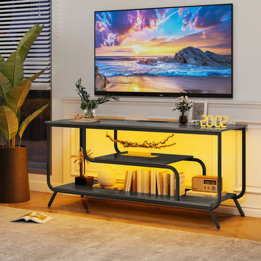 PORKISS TV Stand with Power Outlets and LED Lights, Entertainment Center for TVs up to 55", TV Console Cabinet for Living Room & Bedroom, Light Gray