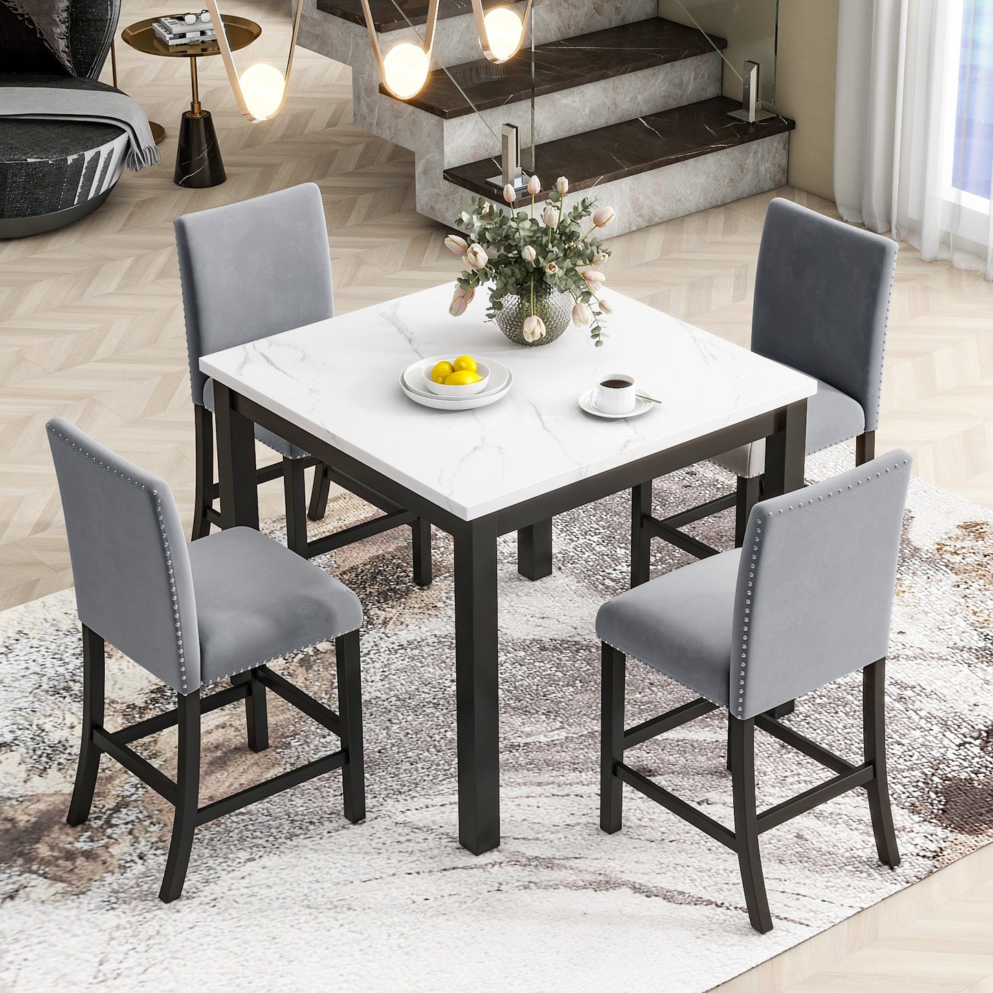 PORKISS Dining Table Set for 4, Dining Room Set with Faux Marble Kitchen Table and Velvet Upholstered Chairs, Counter Height Dining Set, White & Grey