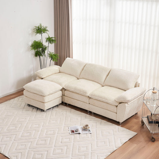 PORKISS Sectional Sofa Couch with Ottoman, 4 Seats L Shape Upholstered Sofas for Living Room, Apartment, Studio, Office, White