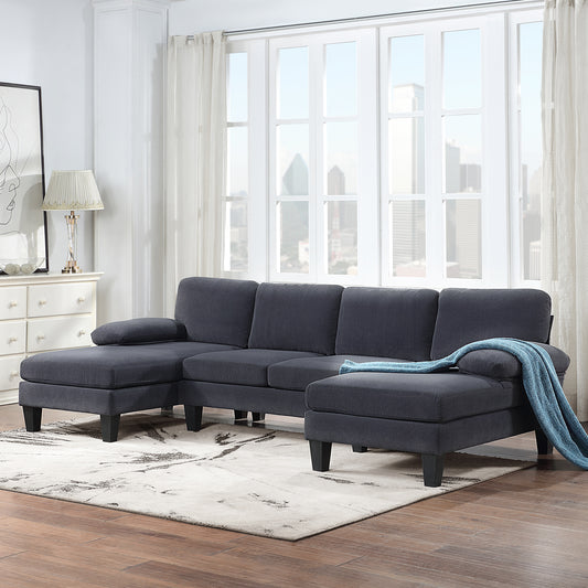 PORKISS Sectional Sofa Couch with Double Chaise, 6 Seats U Shape Velvet Upholstered Sofas Bed for Living Room, Apartment, Studio, Office, Dark Grey