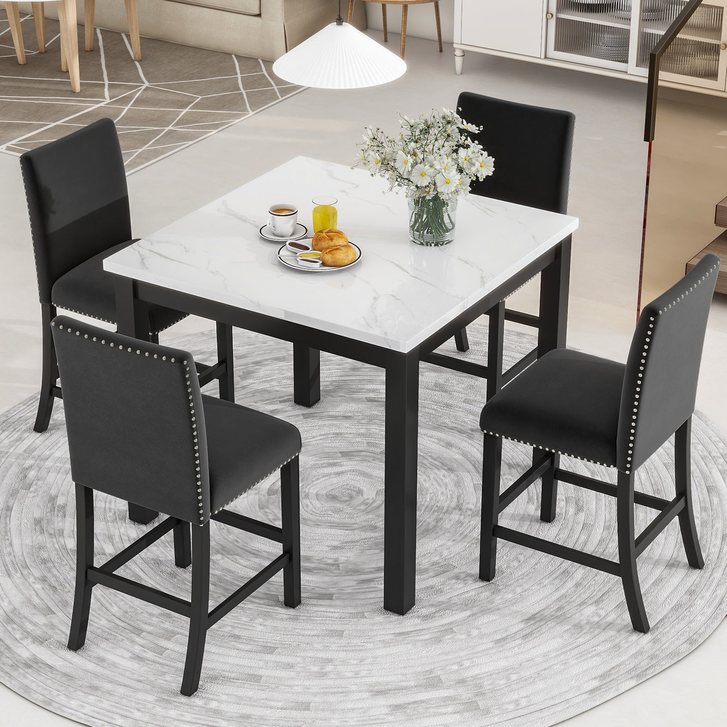 PORKISS Dining Table Set for 4, Dining Room Set with Faux Marble Kitchen Table and Velvet Upholstered Chairs, Counter Height Dining Set, White & Grey