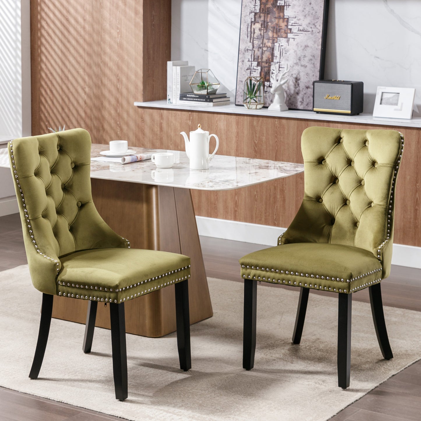 PORKISS Dining Chairs Set of 2, Upholstered High-End Tufted Dining Room Chair with Back Ring and Nailhead Trim, Modern Velvet Chairs with Solid Wood Legs for Kitchen