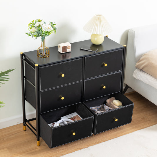 PORKISS 6 Drawer Dresser, Tall Double Dressers for Bedroom with PU Leather Covers and Metal Frame, Chest of Drawers for Closet, Living Room, Hallway, Black