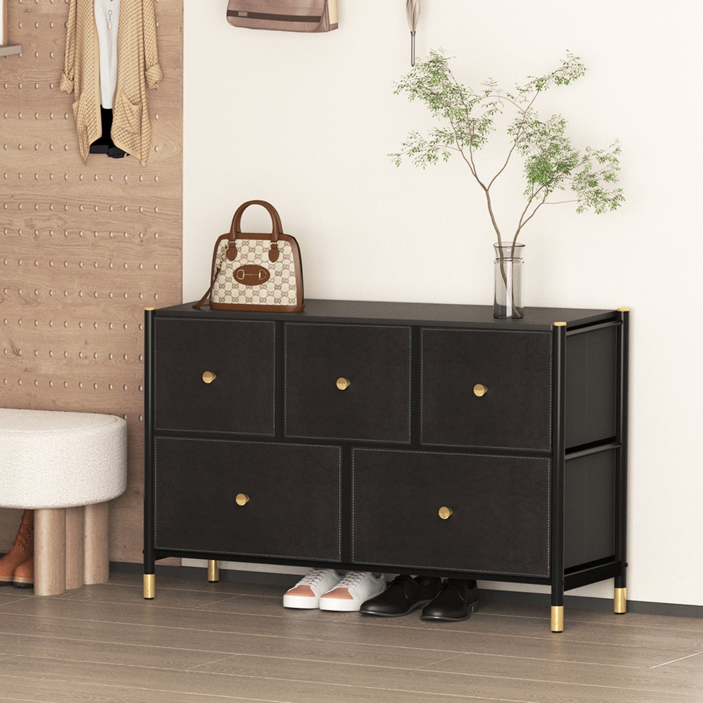 PORKISS 6 Drawer Dresser, Tall Double Dressers for Bedroom with PU Leather Covers and Metal Frame, Chest of Drawers for Closet, Living Room, Hallway, Black