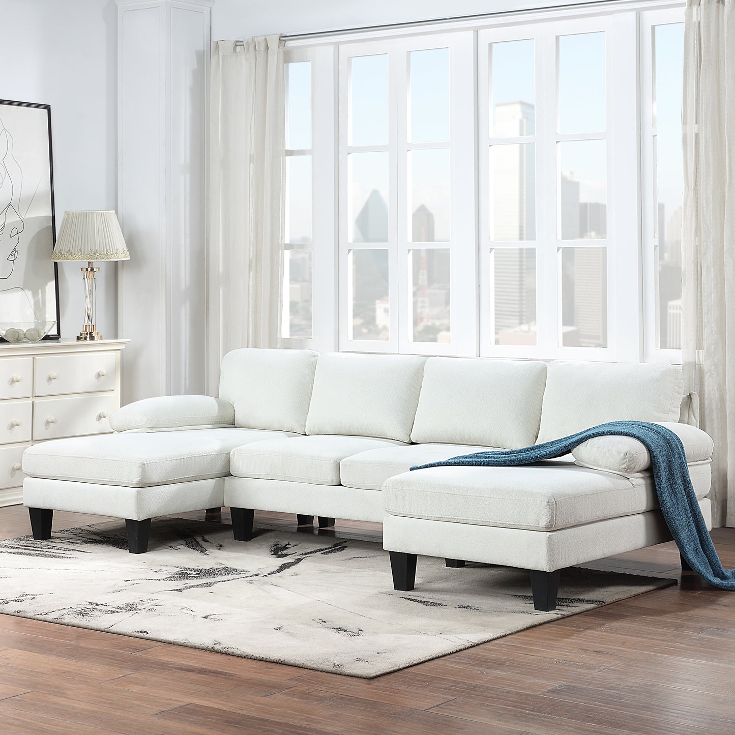 PORKISS Sectional Sofa Couch with Double Chaise, 6 Seats U Shape Velvet Upholstered Sofas Bed for Living Room, Apartment, Studio, Office, Dark Grey
