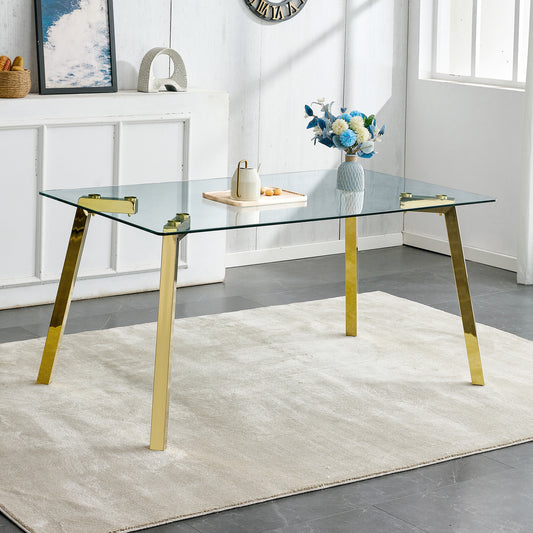 PORKISS Tempered Glass Dining Table with Metal Legs, Rectangle Glass Kitchen Table, 63 Inches, Gold