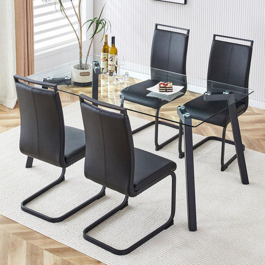 PORKISS Dining Table Set for 4, Dining Room Set with Tempered Glass Kitchen Table and 4 PU Upholstered Leather Chairs, Rectangular Black