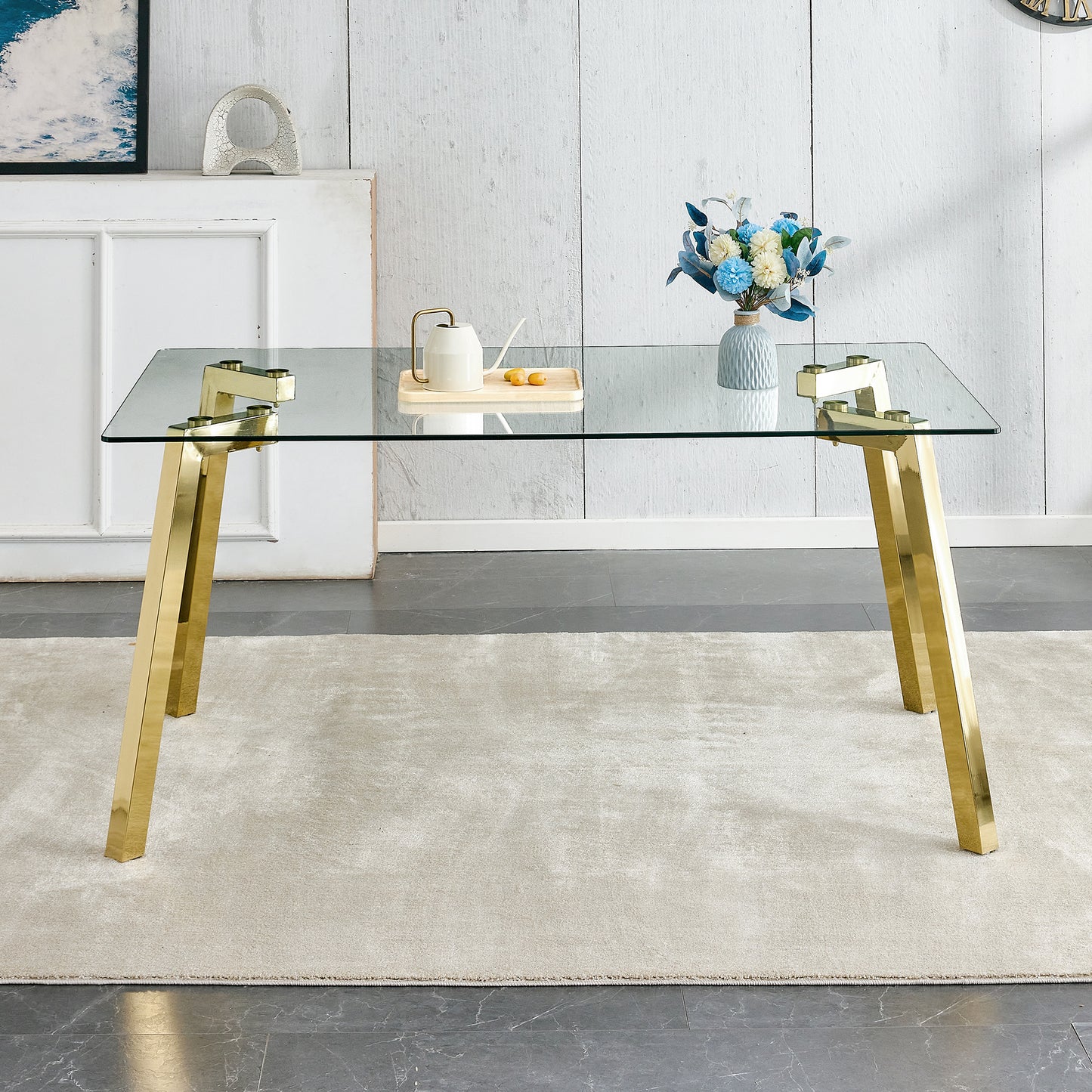 PORKISS Tempered Glass Dining Table with Metal Legs, Rectangle Glass Kitchen Table, 63 Inches, Gold