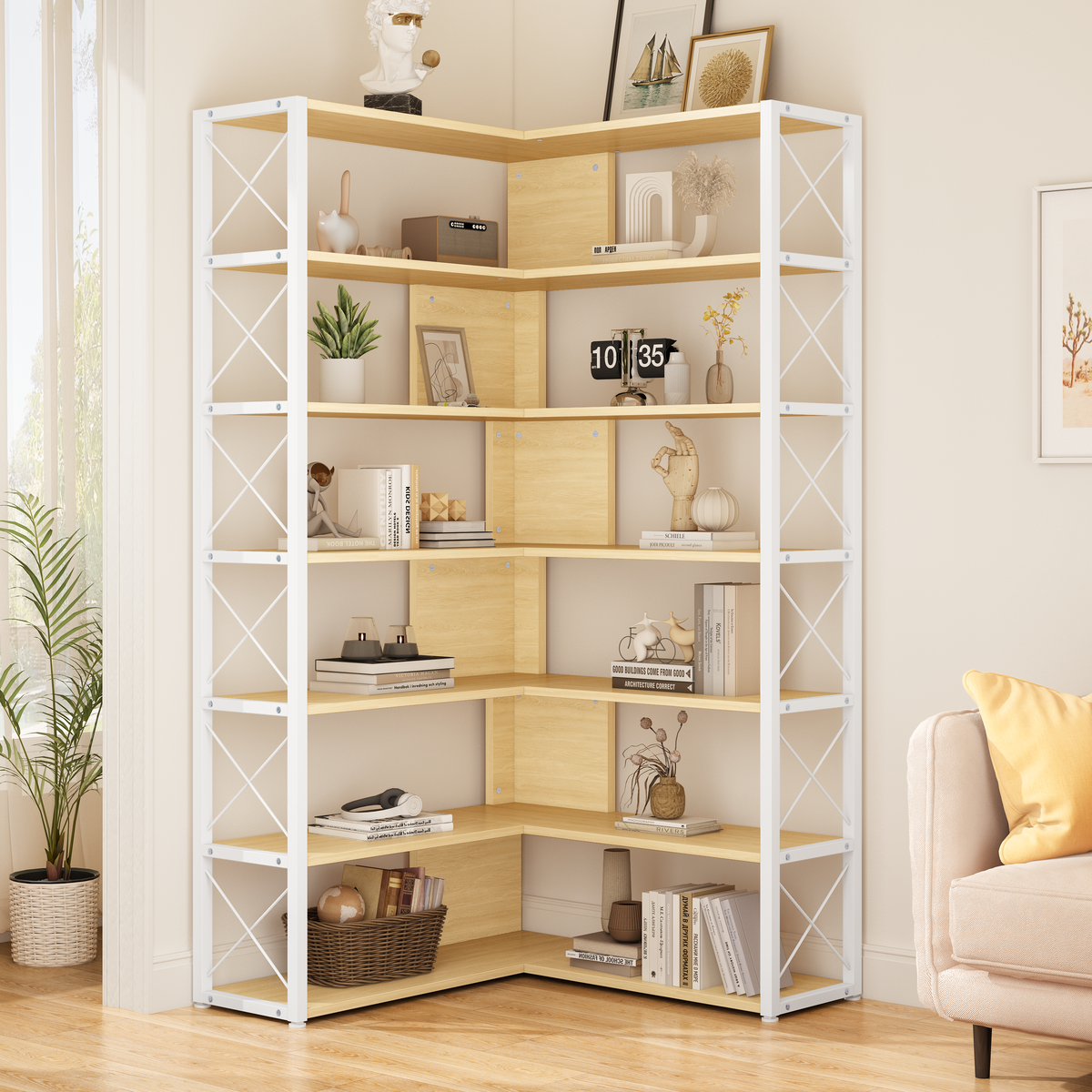その他 Magical Furniture Angle 70 Shelf bullpen PORKISS 7-Tier Tall Corner Bookshelf, Wood 70.9
