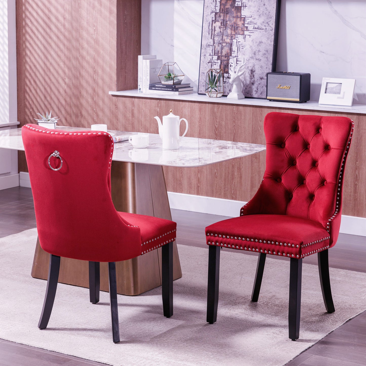 PORKISS Dining Chairs Set of 2, Upholstered High-End Tufted Dining Room Chair with Back Ring and Nailhead Trim, Modern Velvet Chairs with Solid Wood Legs for Kitchen