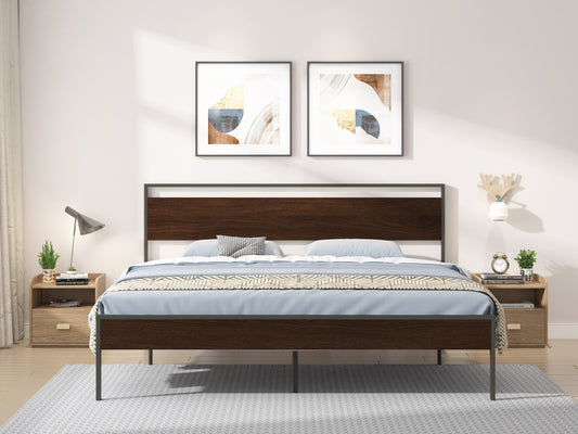 PORKISS King Size Metal Platform Bed Frame with Wood Headboard/Footboard, Rustic Vintage King Bed Frame No Box Spring Needed