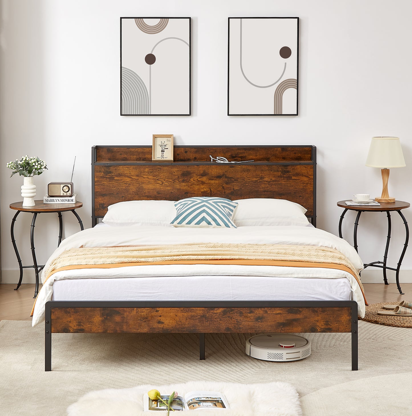 PORKISS Full Size Metal Platform Bed Frame with Storage Headboard, Rustic Vintage Full Bed Frame with 2 Standard Plug Outlets and 2 USB Ports, Rustic Brown