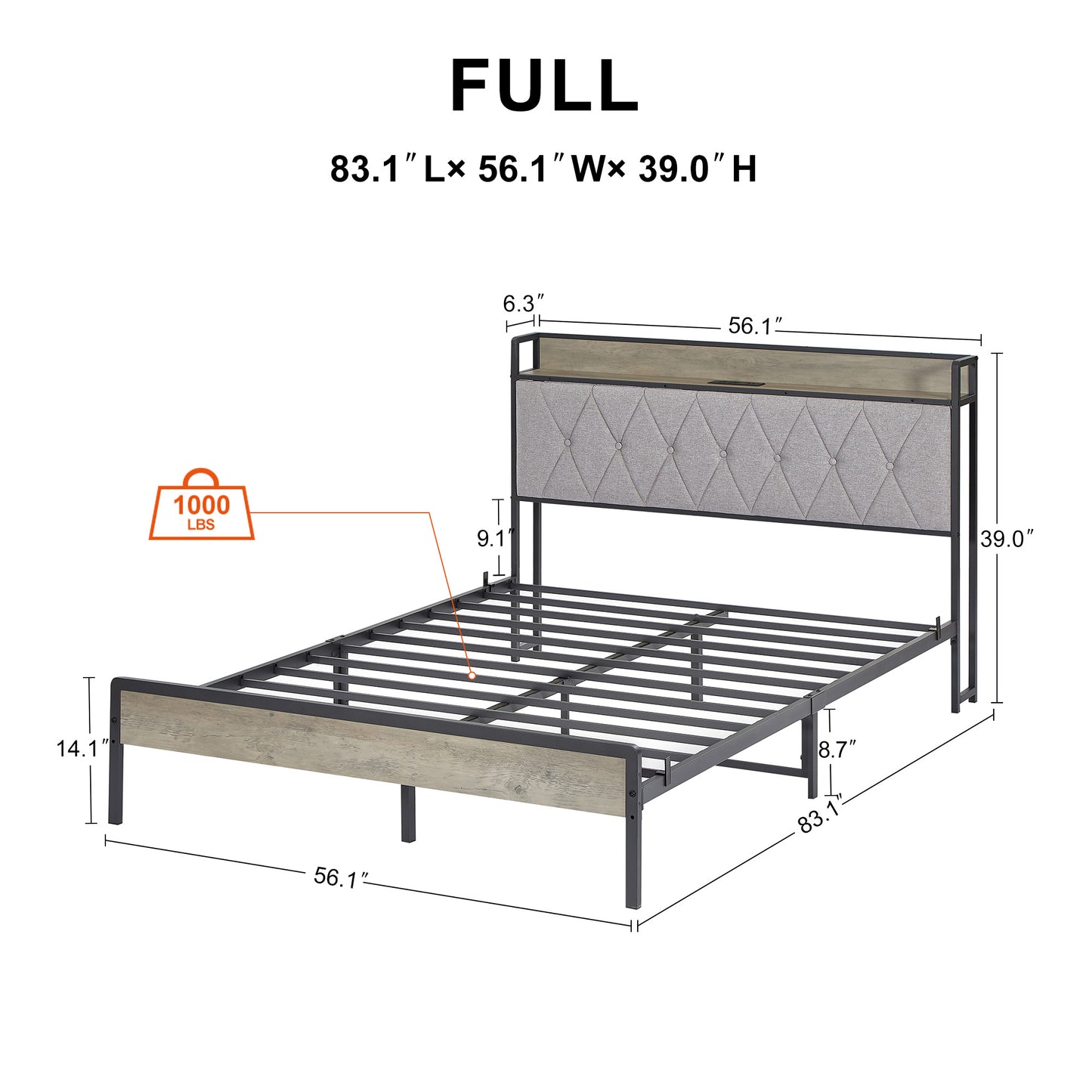 PORKISS Full Size Metal Platform Bed Frame with Storage Headboard, Rustic Vintage Full Bed Frame with 2 Standard Plug Outlets and 2 USB Ports, Rustic Brown