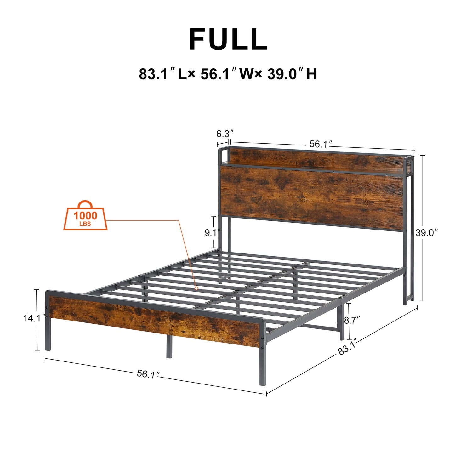 PORKISS Full Size Metal Platform Bed Frame with Storage Headboard, Rustic Vintage Full Bed Frame with 2 Standard Plug Outlets and 2 USB Ports, Rustic Brown