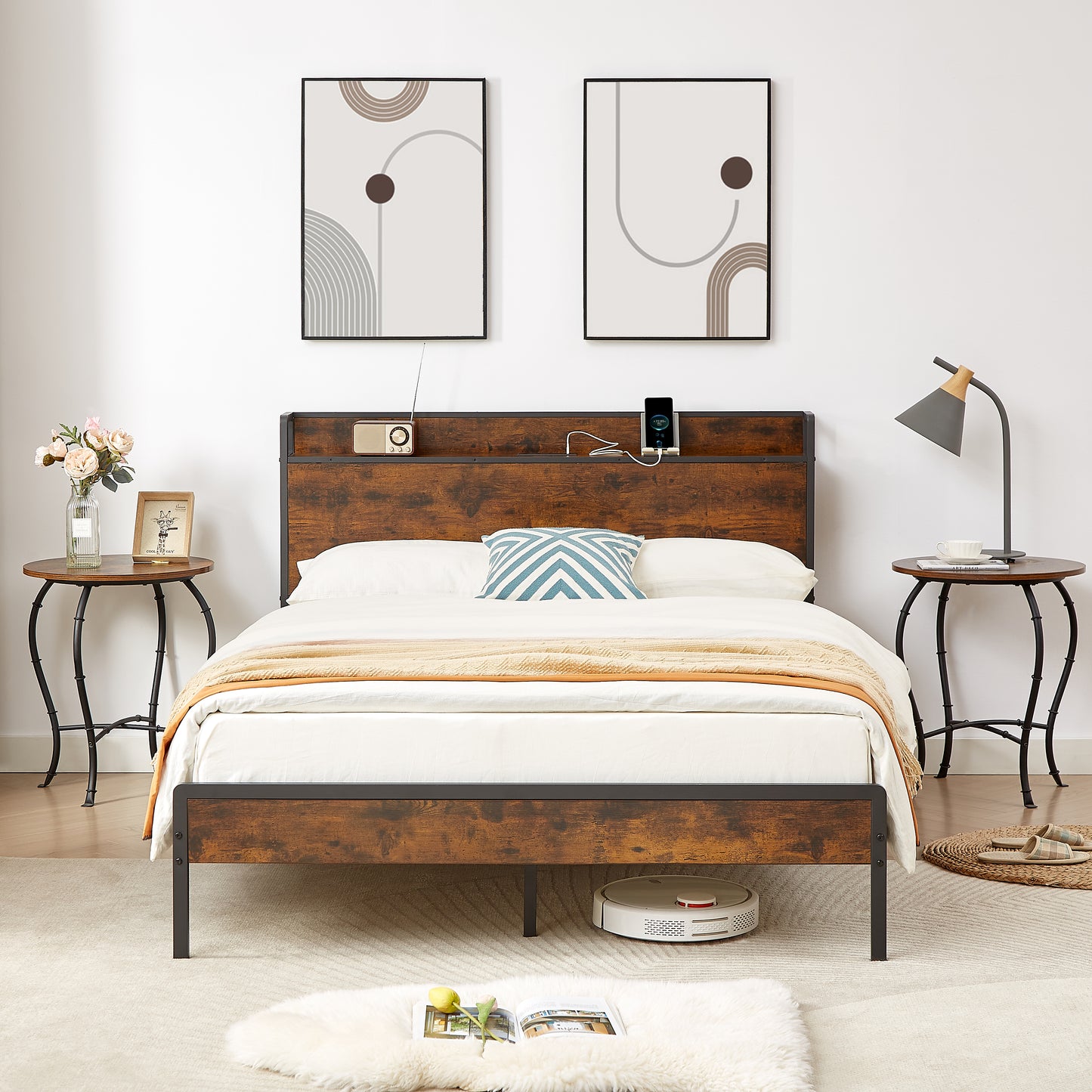 PORKISS Full Size Metal Platform Bed Frame with Storage Headboard, Rustic Vintage Full Bed Frame with 2 Standard Plug Outlets and 2 USB Ports, Rustic Brown