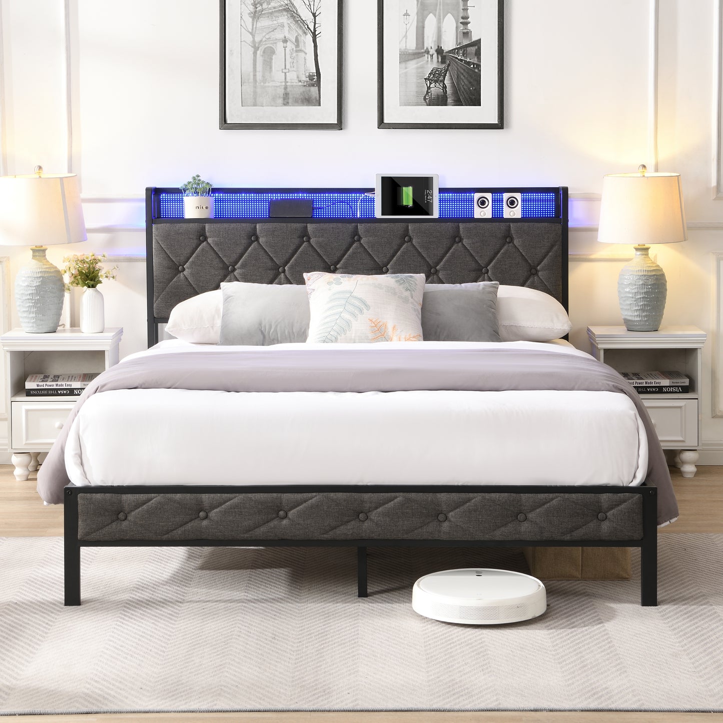 PORKISS King Bed Frame with Storage Headboard, Charging Station, and LED Lights, Upholstered Platform Bed with Heavy Metal Slats, No Box Spring Needed, Noise Free, Easy Assembly, Dark Gray