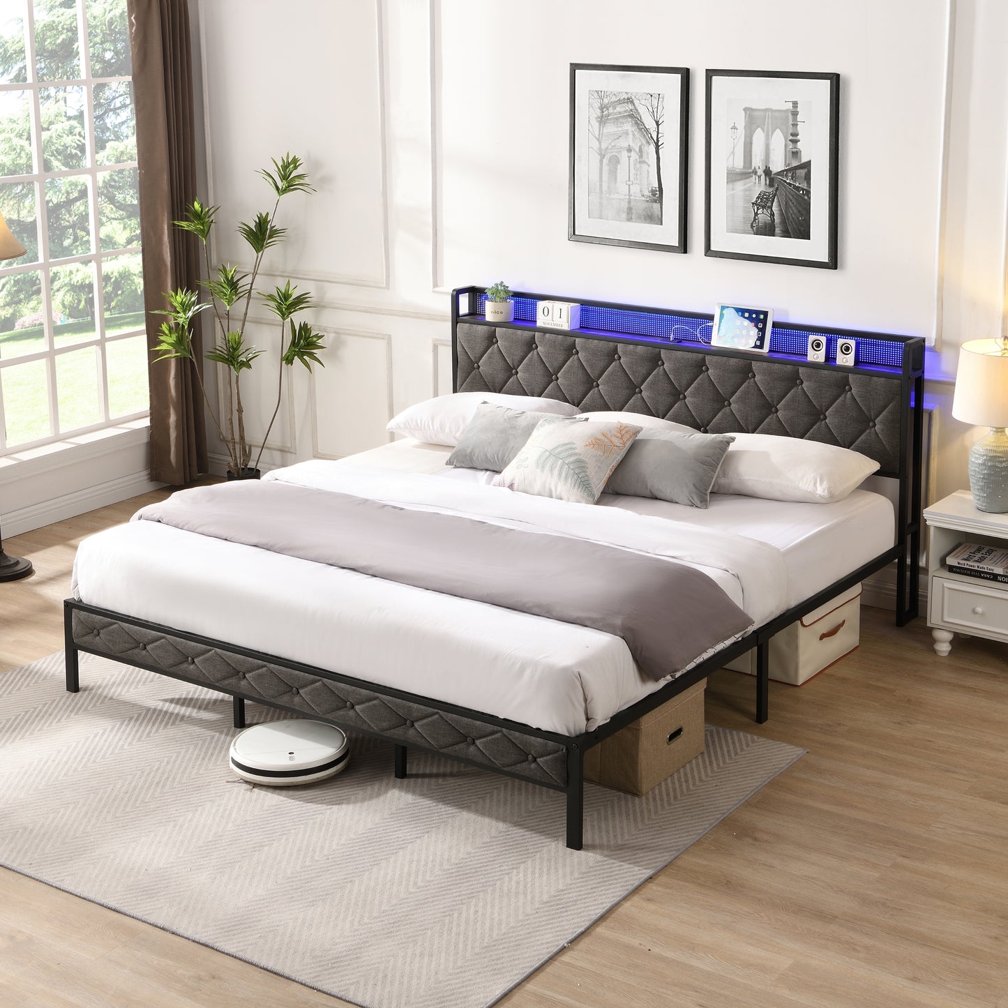 PORKISS King Bed Frame with Storage Headboard, Charging Station, and LED Lights, Upholstered Platform Bed with Heavy Metal Slats, No Box Spring Needed, Noise Free, Easy Assembly, Dark Gray