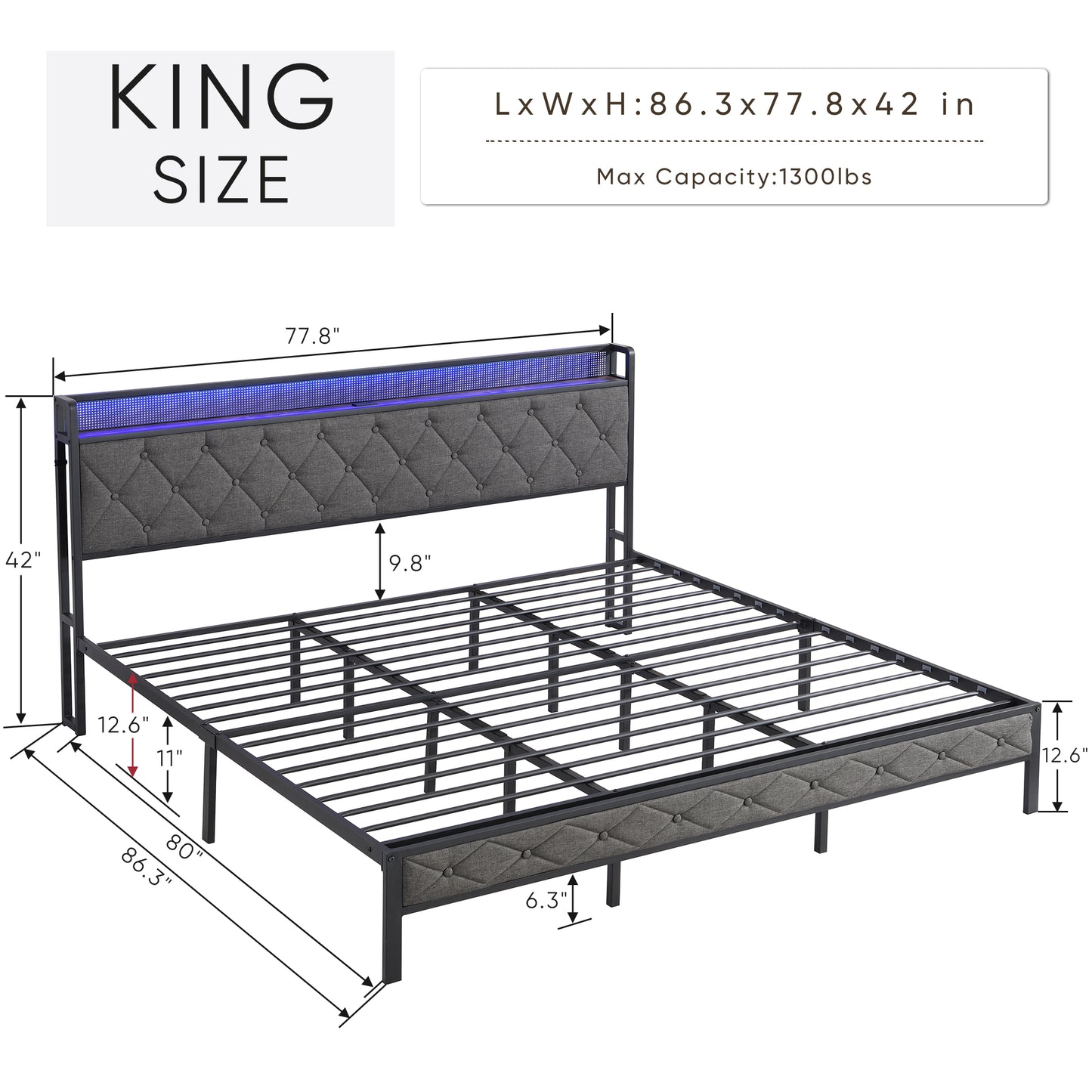 PORKISS King Bed Frame with Storage Headboard, Charging Station, and LED Lights, Upholstered Platform Bed with Heavy Metal Slats, No Box Spring Needed, Noise Free, Easy Assembly, Dark Gray
