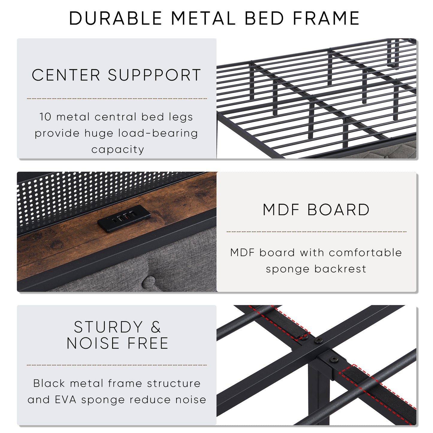 PORKISS King Bed Frame with Storage Headboard, Charging Station, and LED Lights, Upholstered Platform Bed with Heavy Metal Slats, No Box Spring Needed, Noise Free, Easy Assembly, Dark Gray