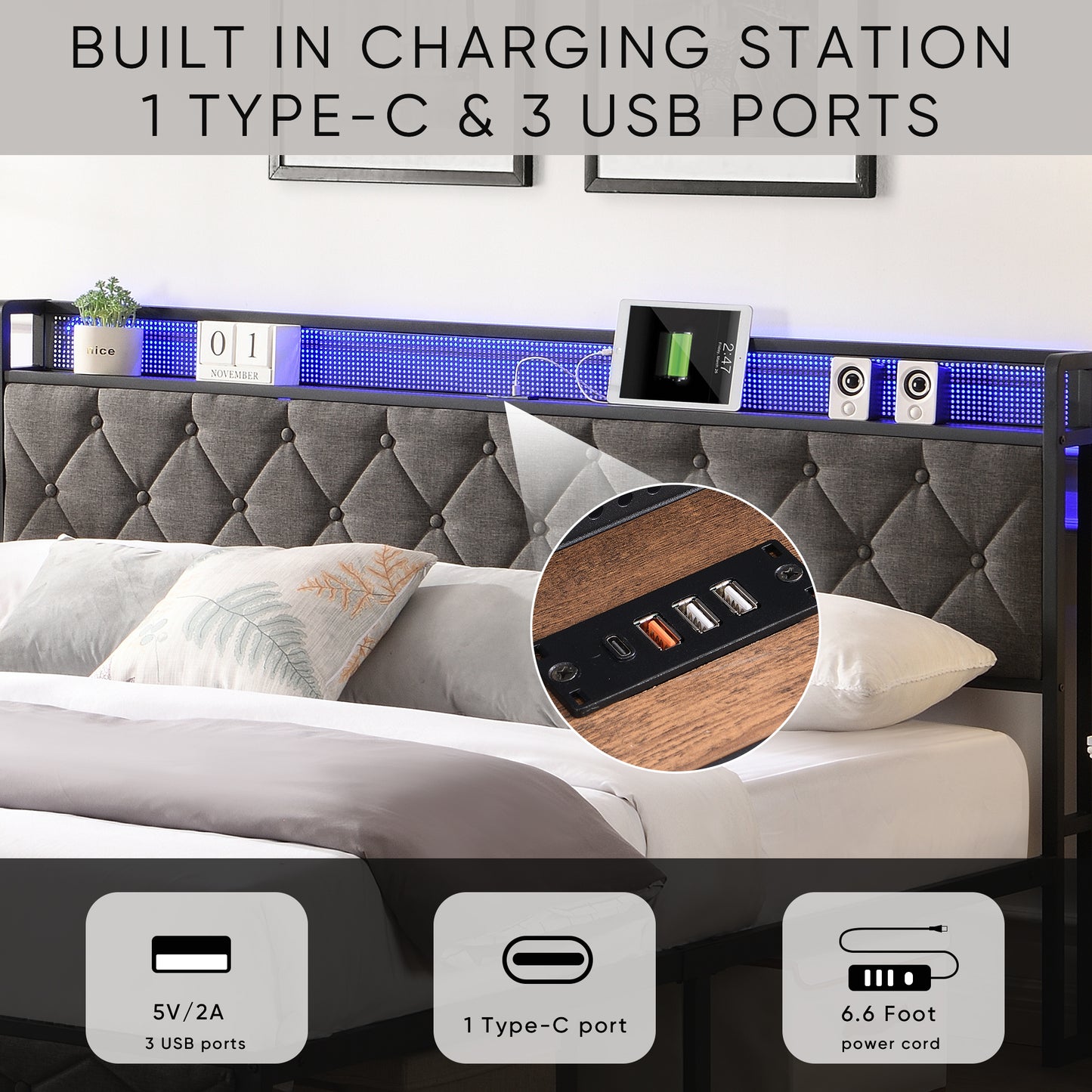 PORKISS King Bed Frame with Storage Headboard, Charging Station, and LED Lights, Upholstered Platform Bed with Heavy Metal Slats, No Box Spring Needed, Noise Free, Easy Assembly, Dark Gray