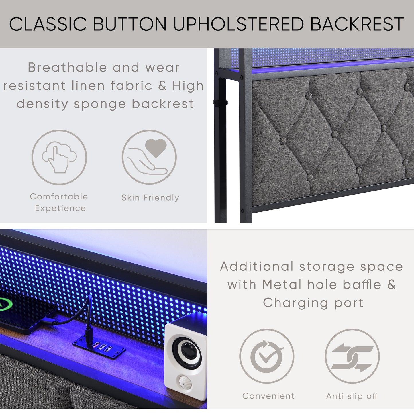 PORKISS King Bed Frame with Storage Headboard, Charging Station, and LED Lights, Upholstered Platform Bed with Heavy Metal Slats, No Box Spring Needed, Noise Free, Easy Assembly, Dark Gray