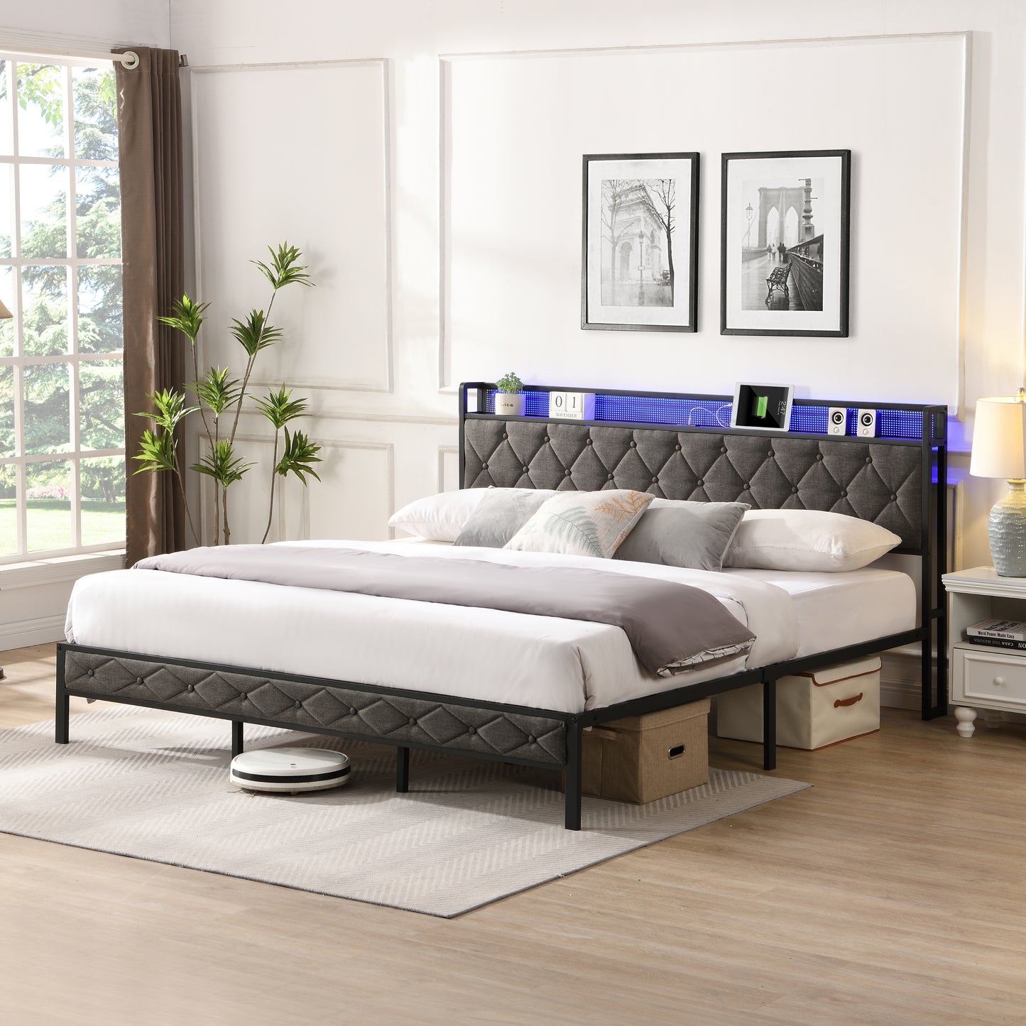 PORKISS King Bed Frame with Storage Headboard, Charging Station, and LED Lights, Upholstered Platform Bed with Heavy Metal Slats, No Box Spring Needed, Noise Free, Easy Assembly, Dark Gray