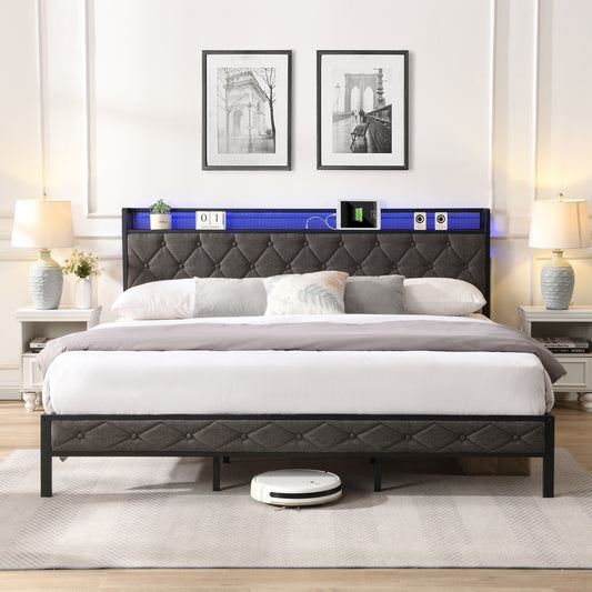 PORKISS King Bed Frame with Storage Headboard, Charging Station, and LED Lights, Upholstered Platform Bed with Heavy Metal Slats, No Box Spring Needed, Noise Free, Easy Assembly, Dark Gray