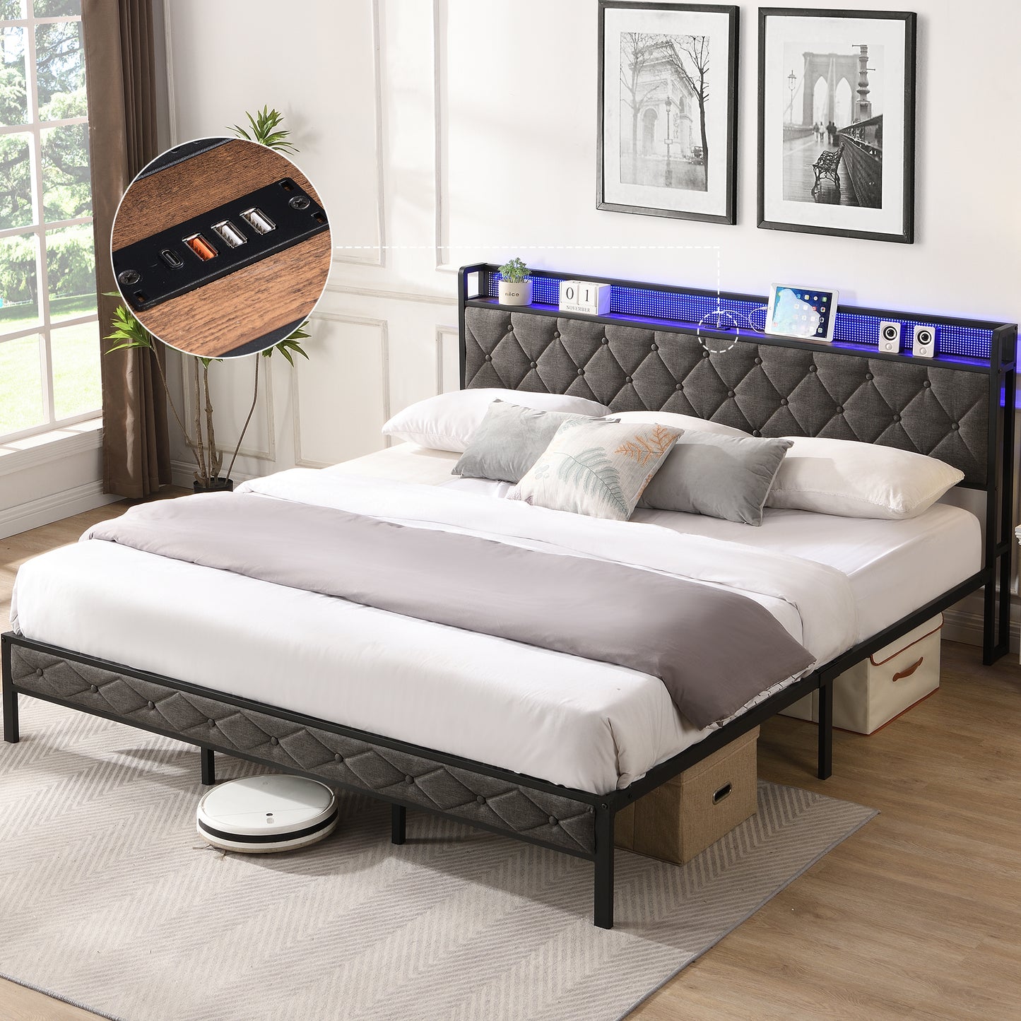 PORKISS King Bed Frame with Storage Headboard, Charging Station, and LED Lights, Upholstered Platform Bed with Heavy Metal Slats, No Box Spring Needed, Noise Free, Easy Assembly, Dark Gray