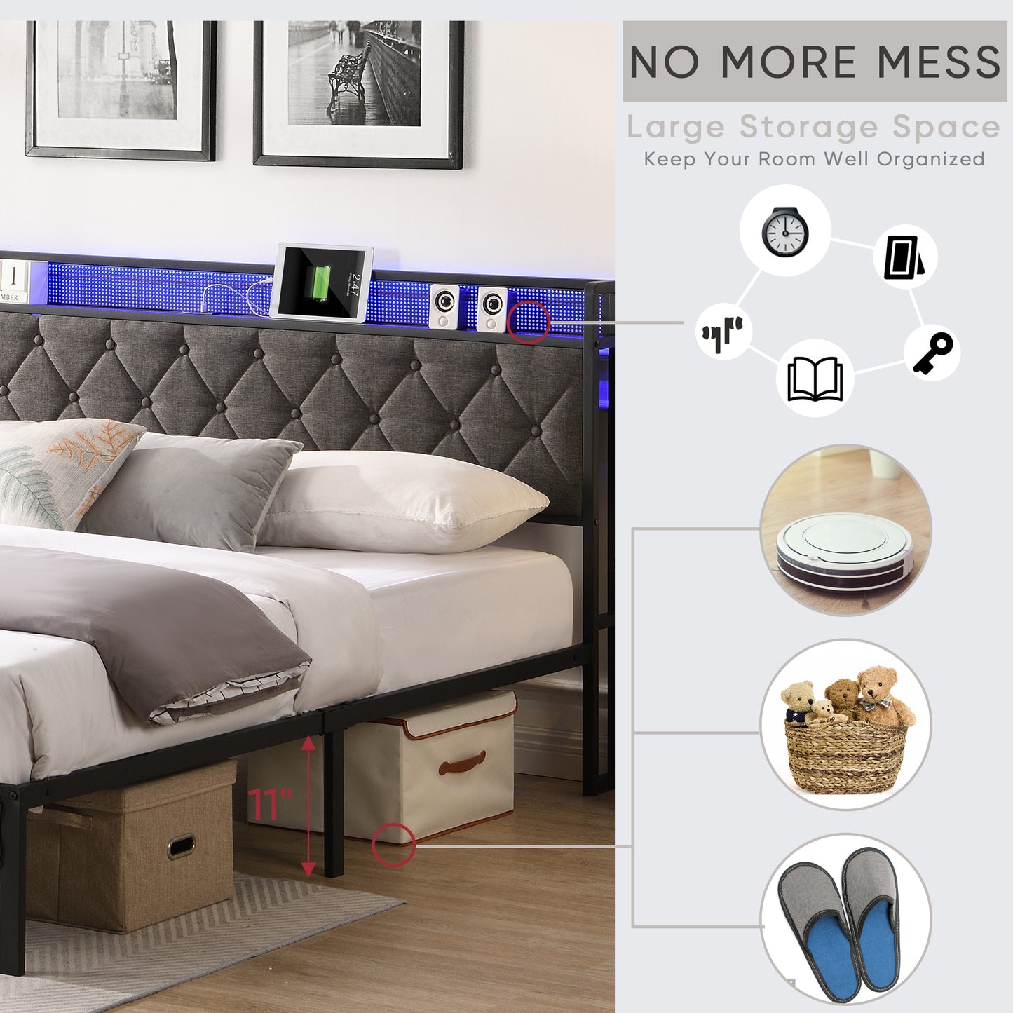 PORKISS King Bed Frame with Storage Headboard, Charging Station, and LED Lights, Upholstered Platform Bed with Heavy Metal Slats, No Box Spring Needed, Noise Free, Easy Assembly, Dark Gray