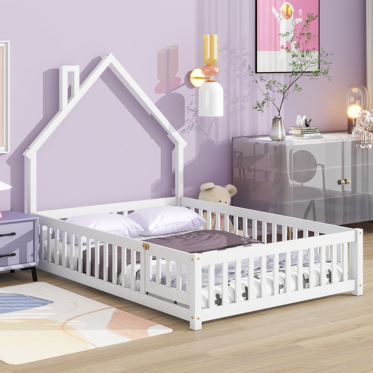 PORKISS Full Size House Platform Bed for Kids with House-Shaped Headboard, Low Floor Bed with Guardrails Fence, White