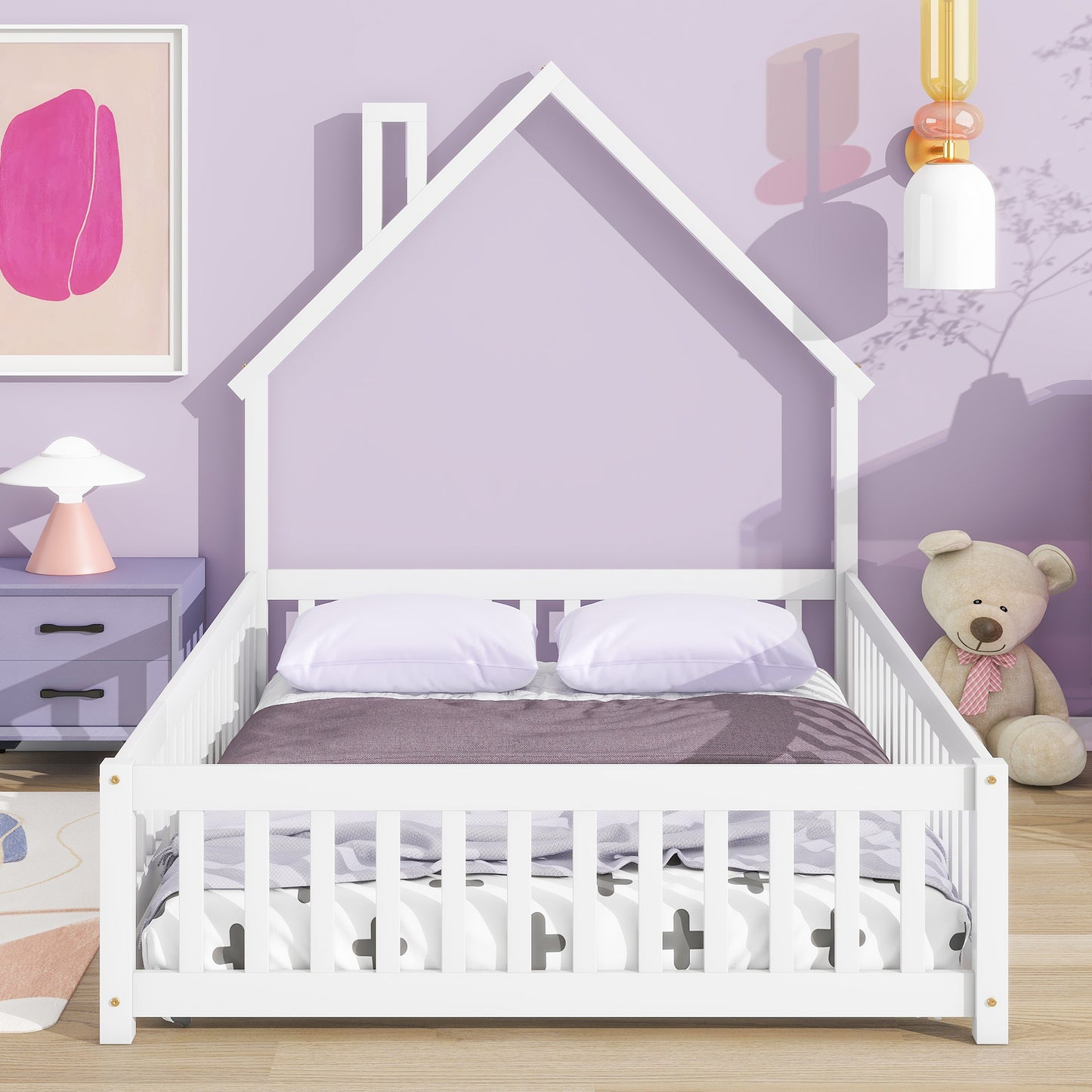 PORKISS Full Size House Platform Bed for Kids with House-Shaped Headboard, Low Floor Bed with Guardrails Fence, White