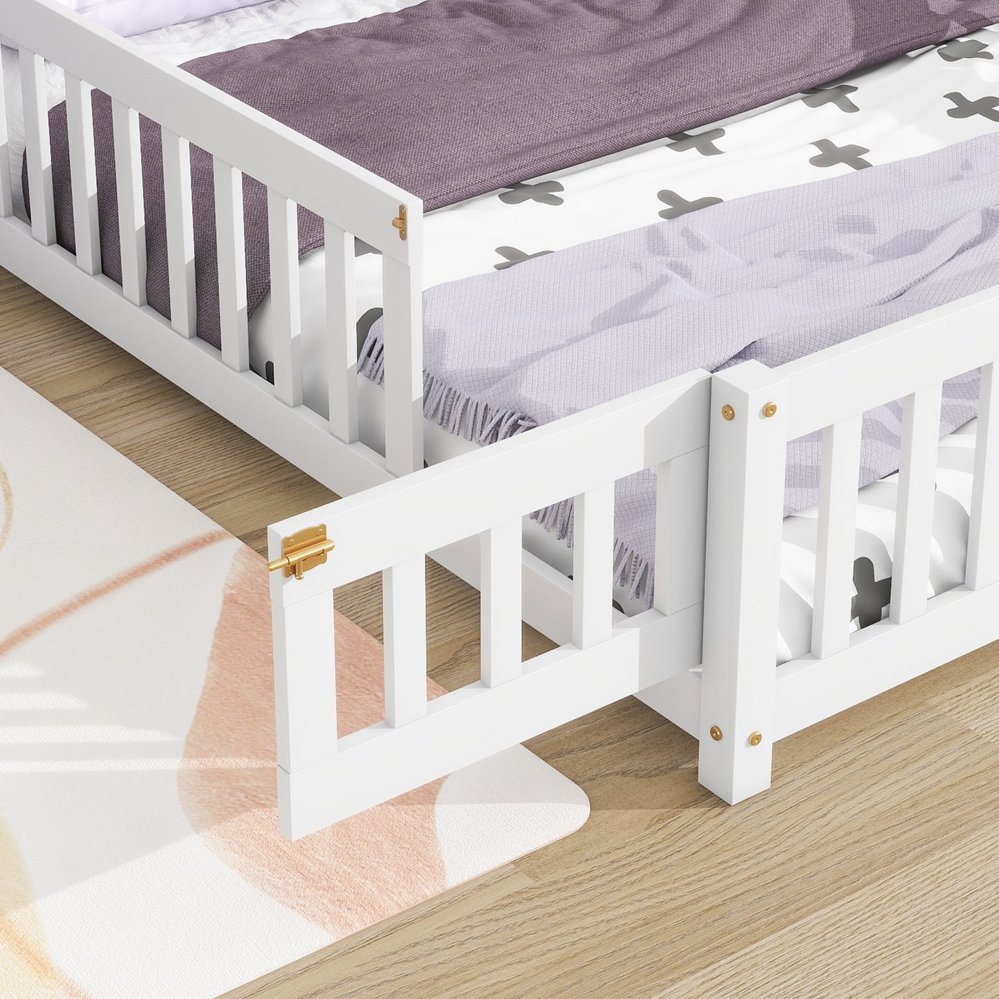 PORKISS Full Size House Platform Bed for Kids with House-Shaped Headboard, Low Floor Bed with Guardrails Fence, White