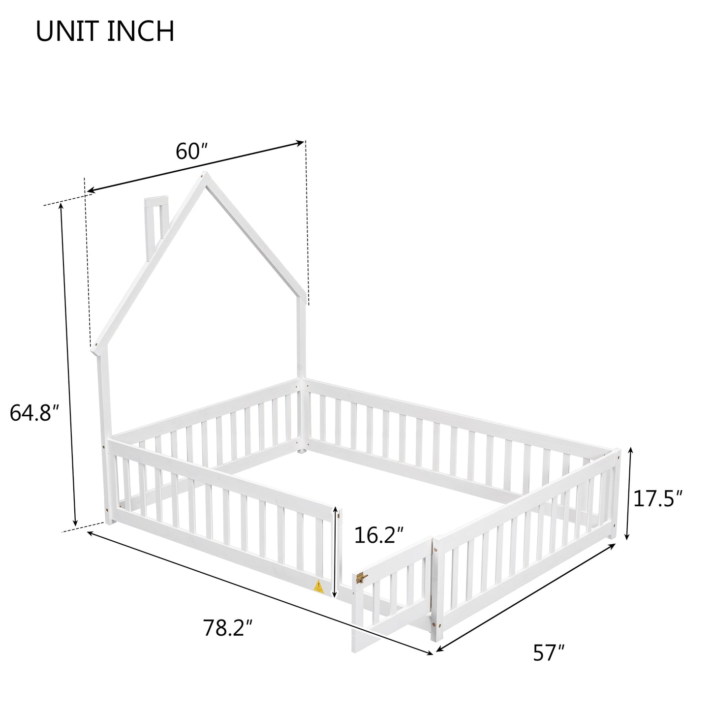 PORKISS Full Size House Platform Bed for Kids with House-Shaped Headboard, Low Floor Bed with Guardrails Fence, White