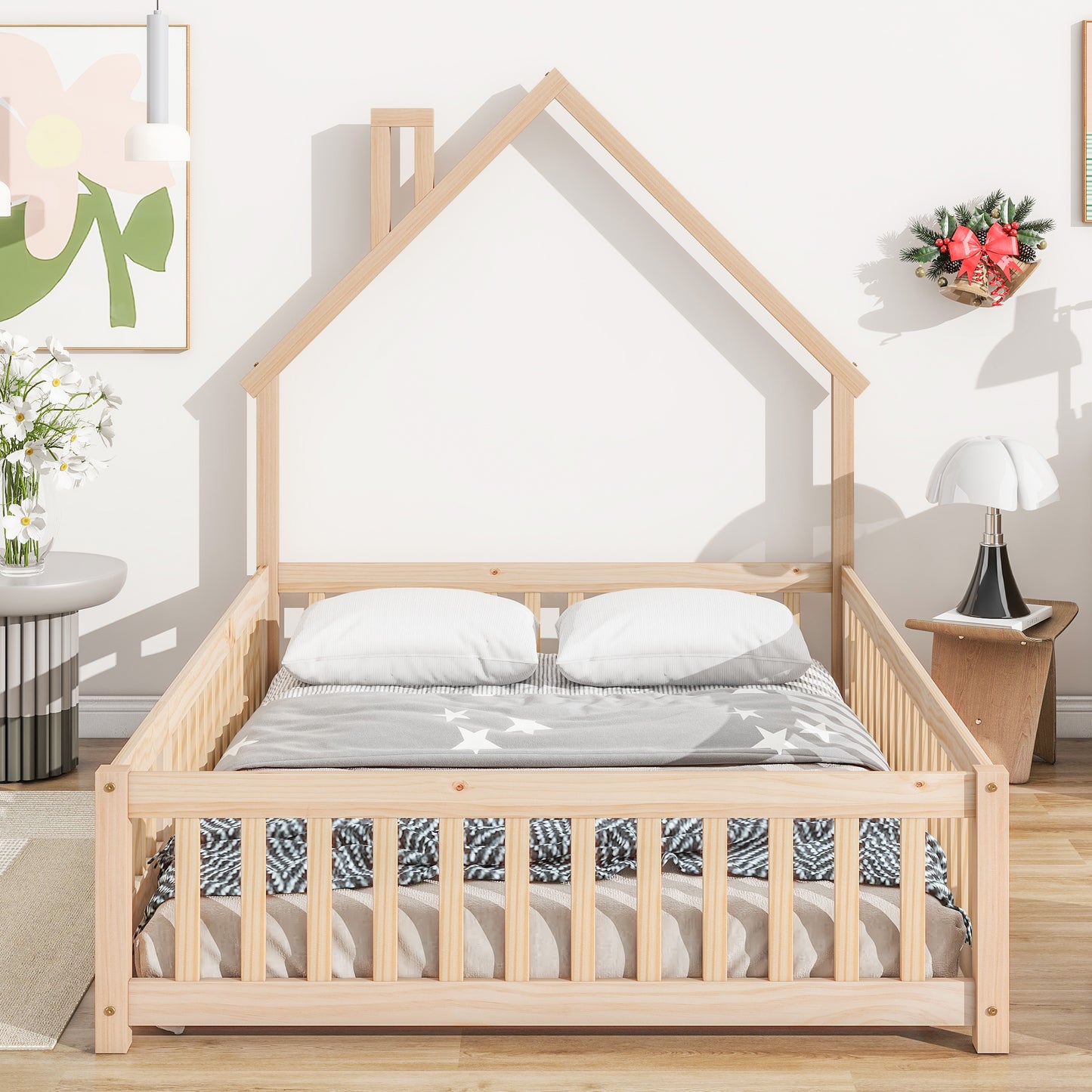 PORKISS Full Size House Platform Bed for Kids with House-Shaped Headboard, Low Floor Bed with Guardrails Fence, White