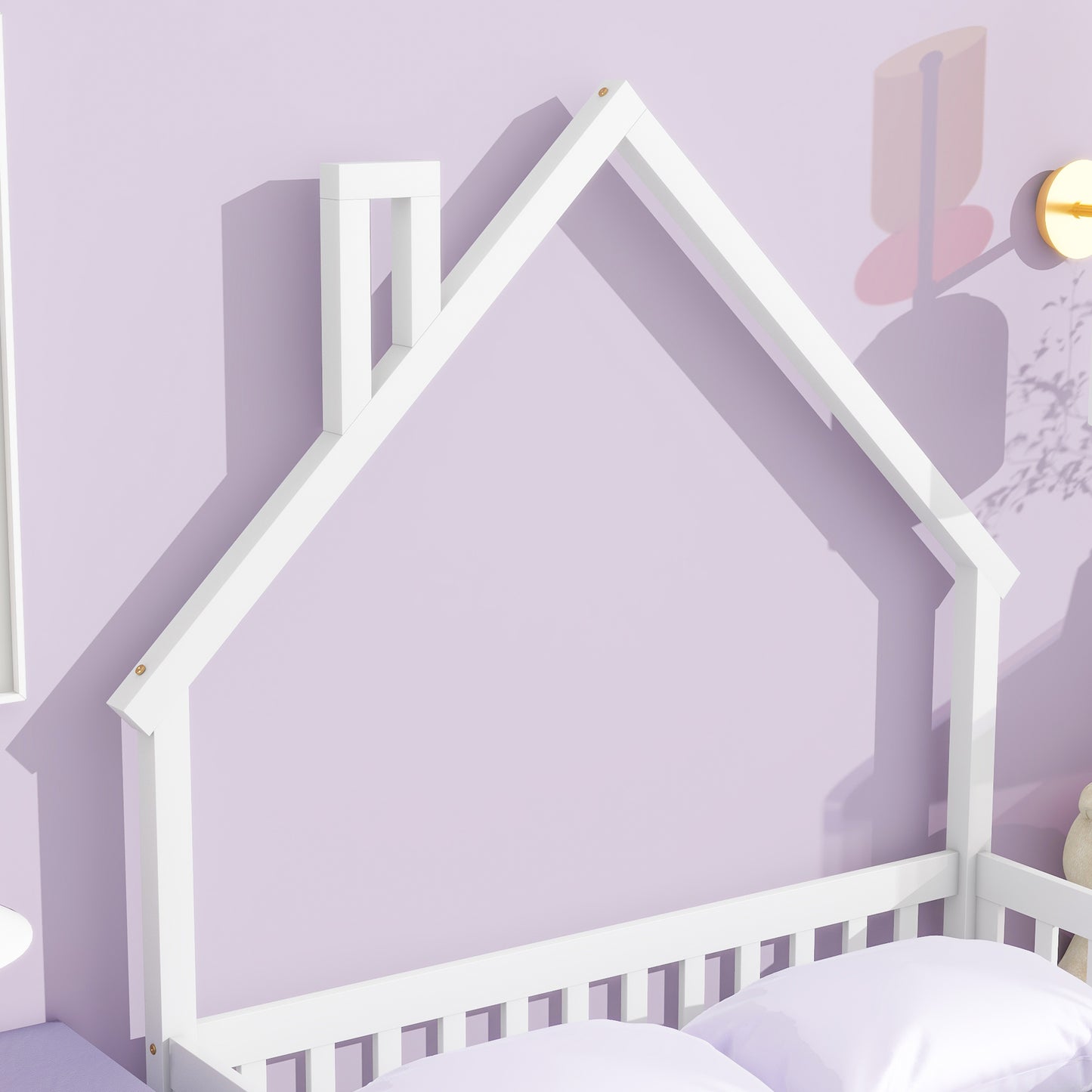 PORKISS Full Size House Platform Bed for Kids with House-Shaped Headboard, Low Floor Bed with Guardrails Fence, White