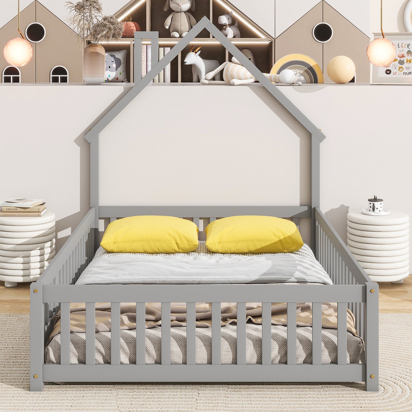 PORKISS Full Size House Platform Bed for Kids with House-Shaped Headboard, Low Floor Bed with Guardrails Fence, White