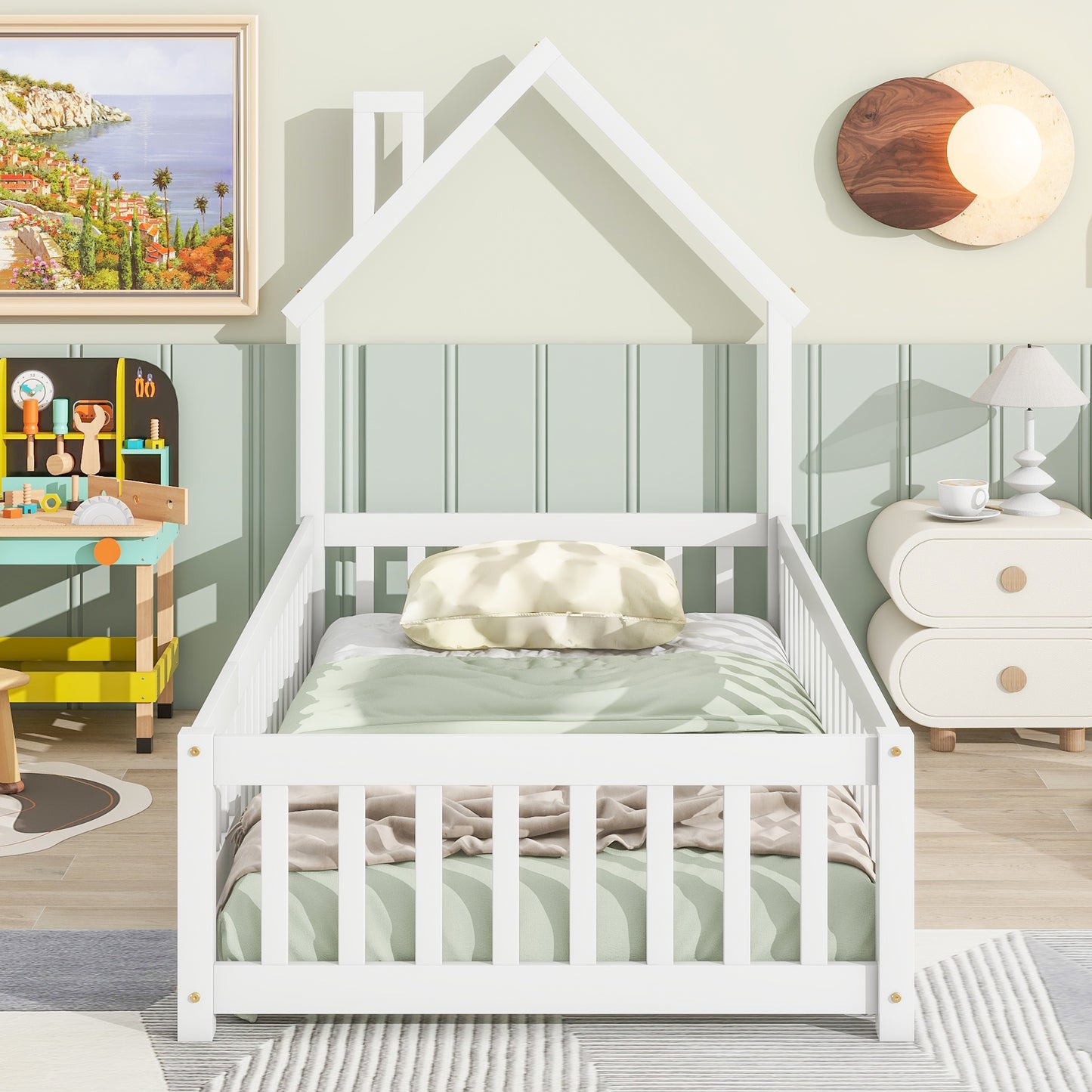 PORKISS Full Size House Platform Bed for Kids with House-Shaped Headboard, Low Floor Bed with Guardrails Fence, White